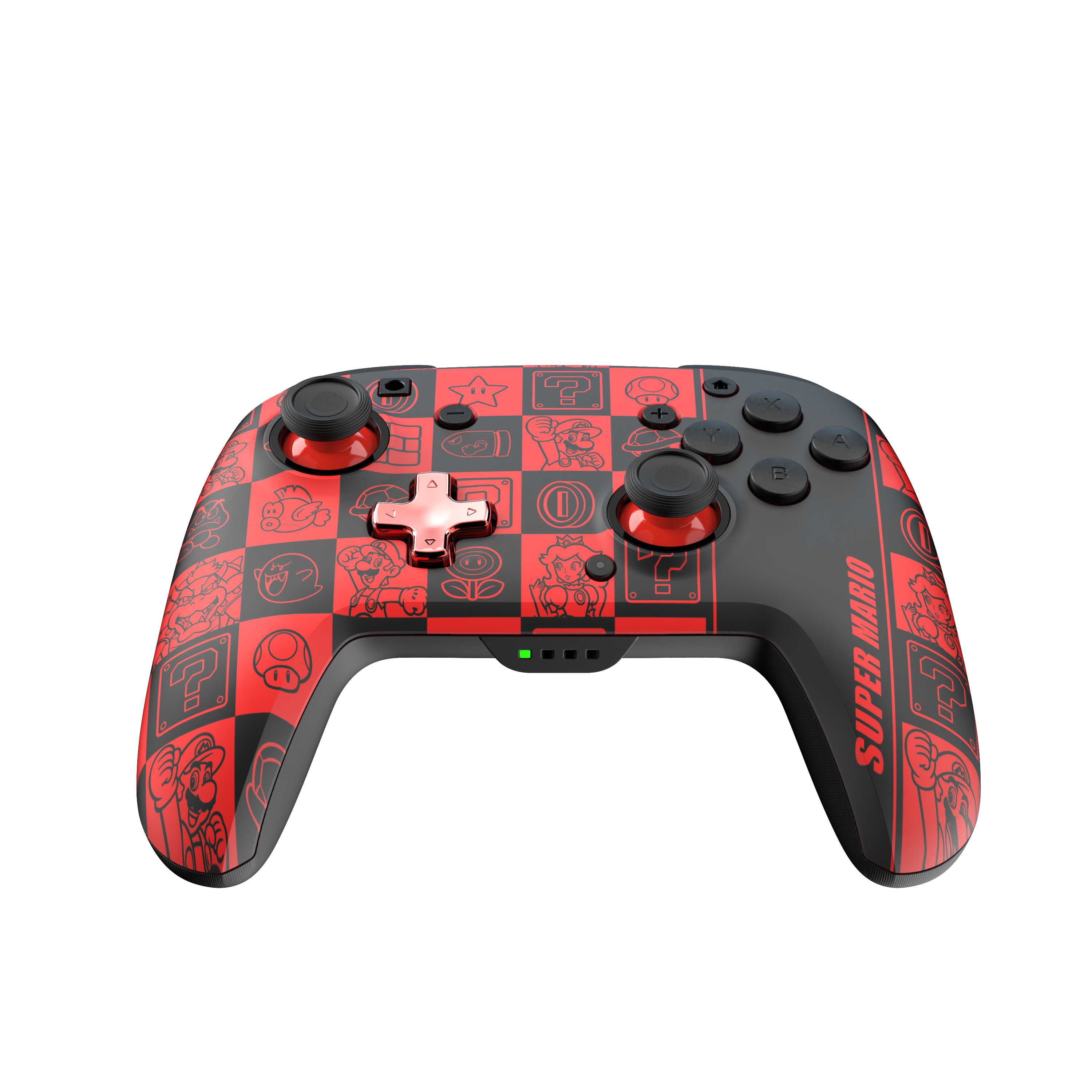 Ein Nintendo Switch-Controller mit Super Mario-Design. Rot und Schwarz, mit Mario-Symbolen.
