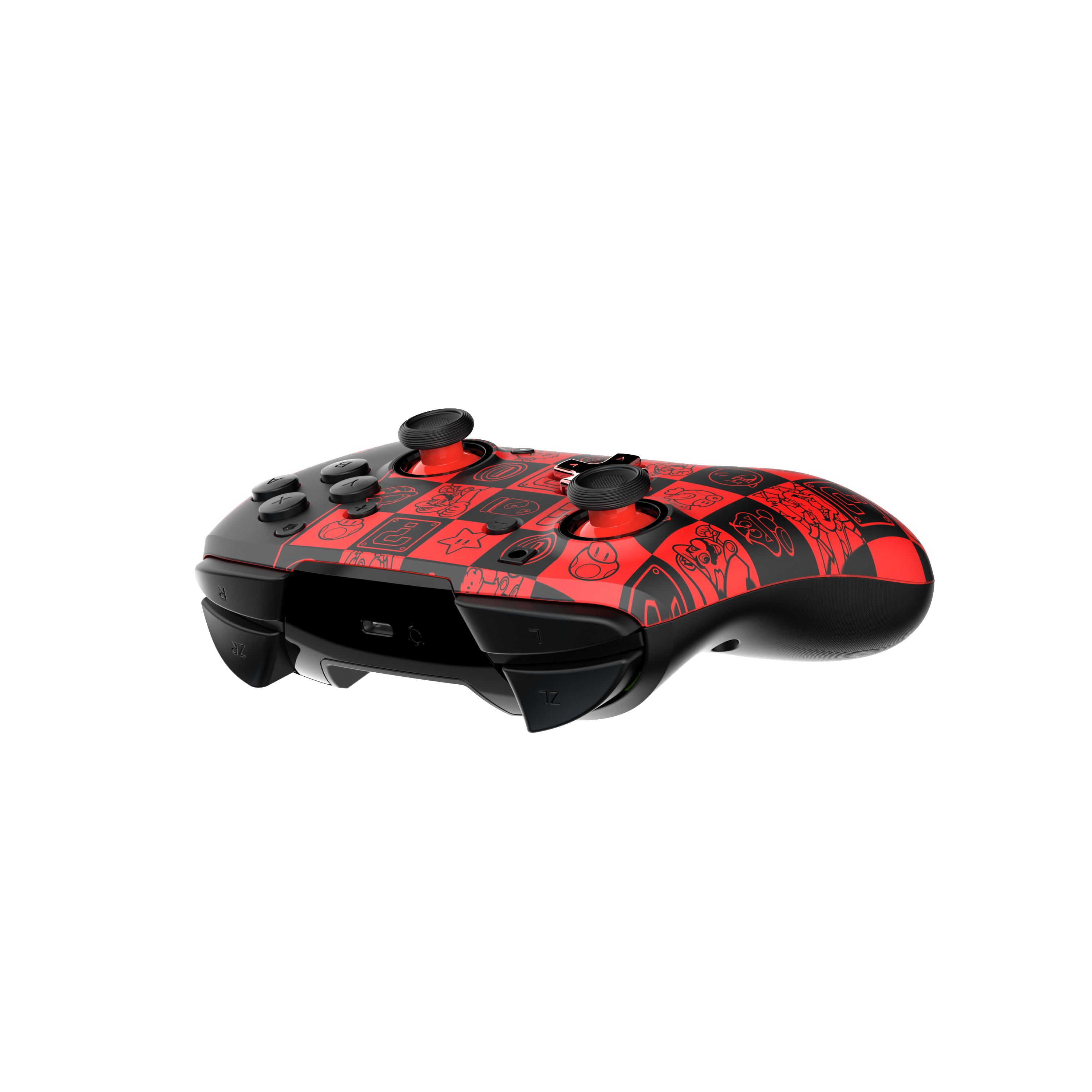 Ein schwarz-rot gemusterter Gamecontroller mit Knöpfen und Joysticks auf schwarzem Hintergrund.