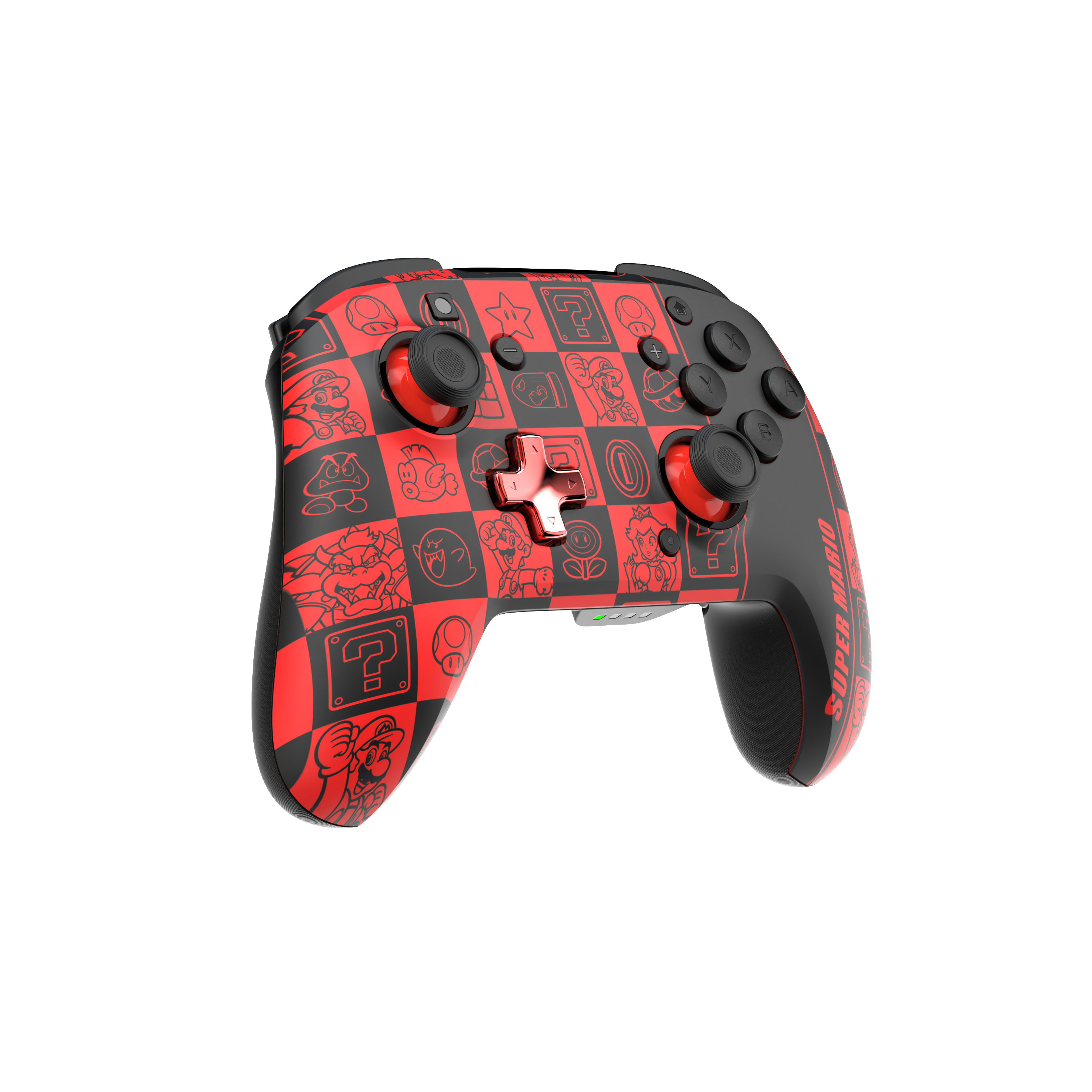 Ein roter und schwarzer Super Mario Controller mit Knöpfen und Steuerkreuz.