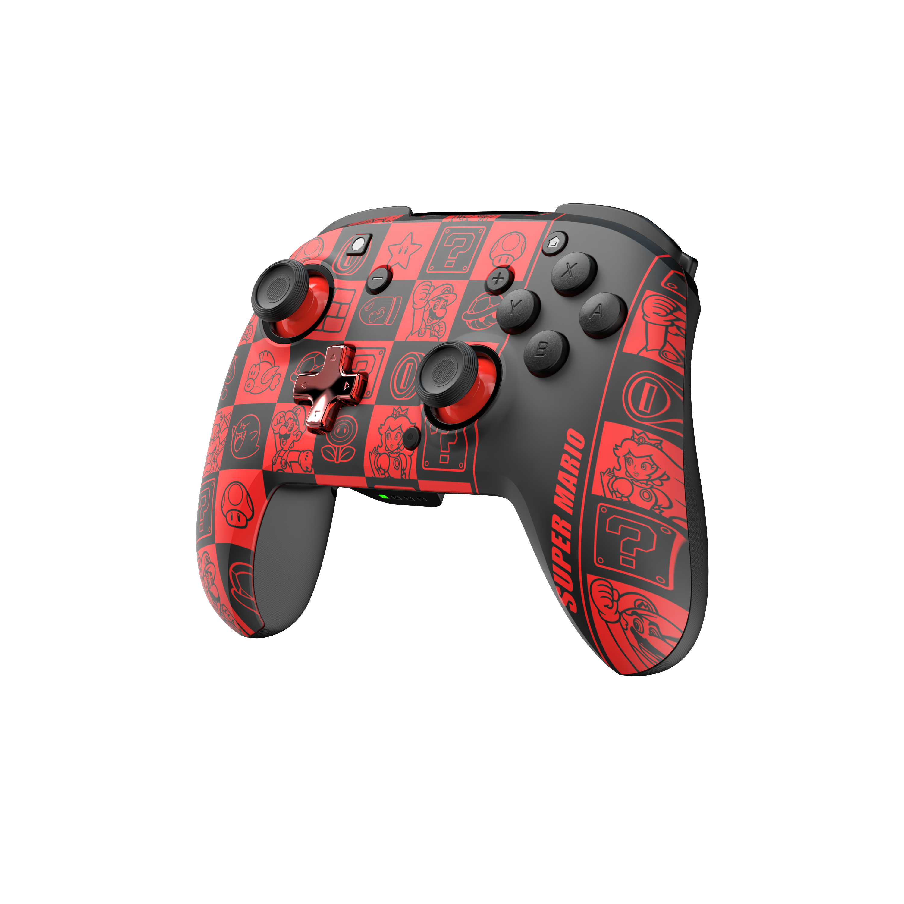 Ein rot-schwarzer Nintendo Switch Controller im Super Mario Design, mit Mario-Charakteren.