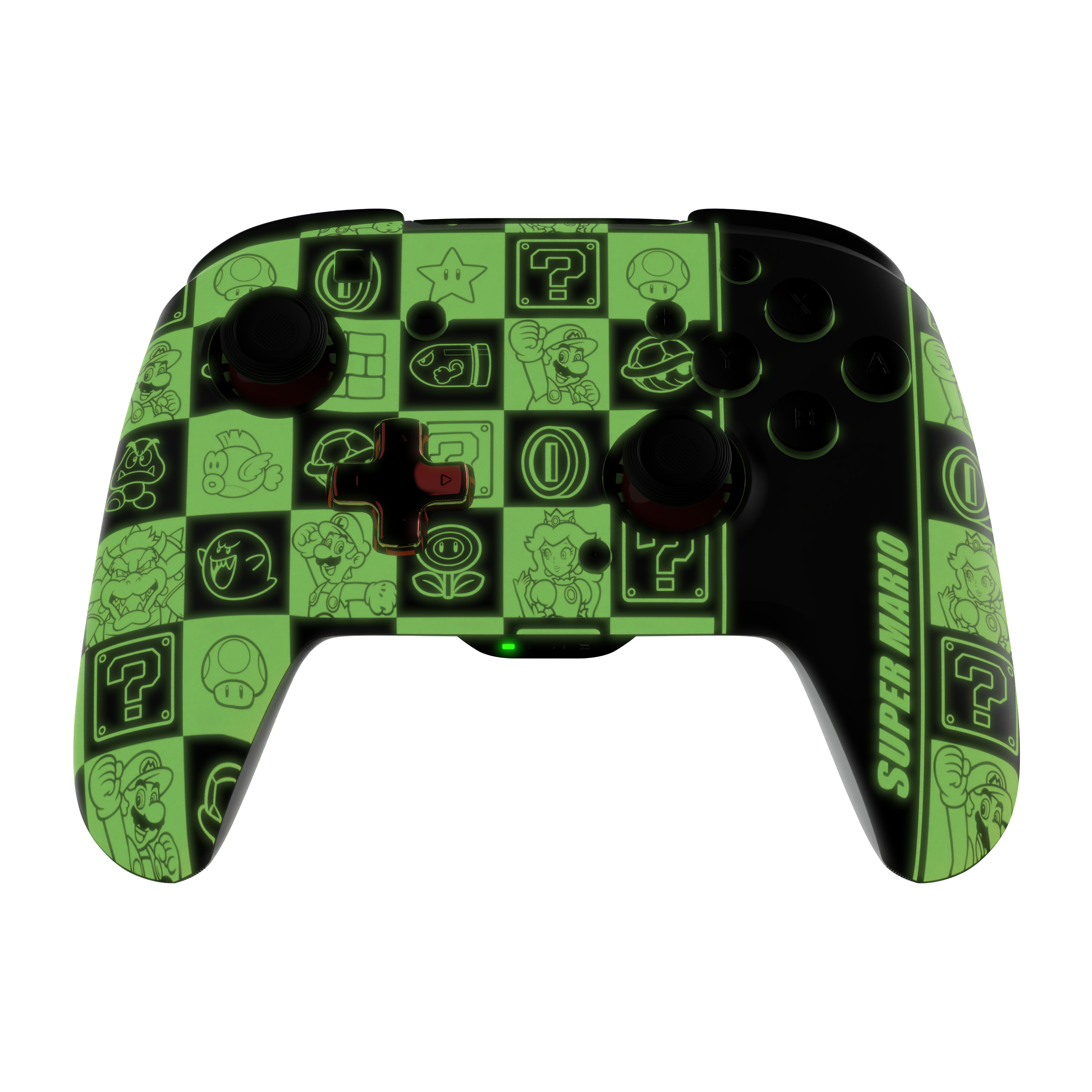 Ein Controller im Super Mario-Design mit schwarzem und grünem Design.