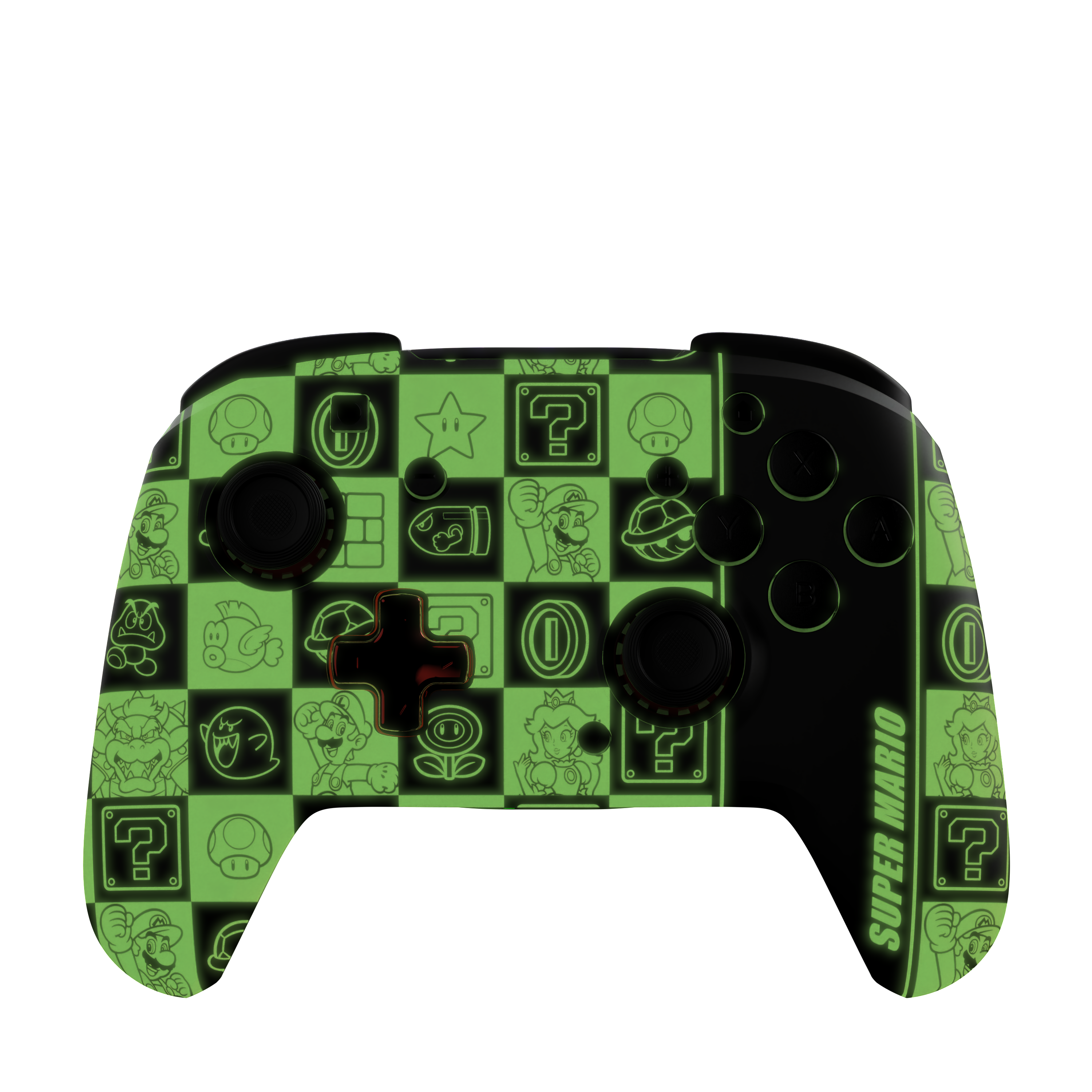 Schwarzer Gaming-Controller mit grünem Super-Mario-Charakterdesign und Tasten.