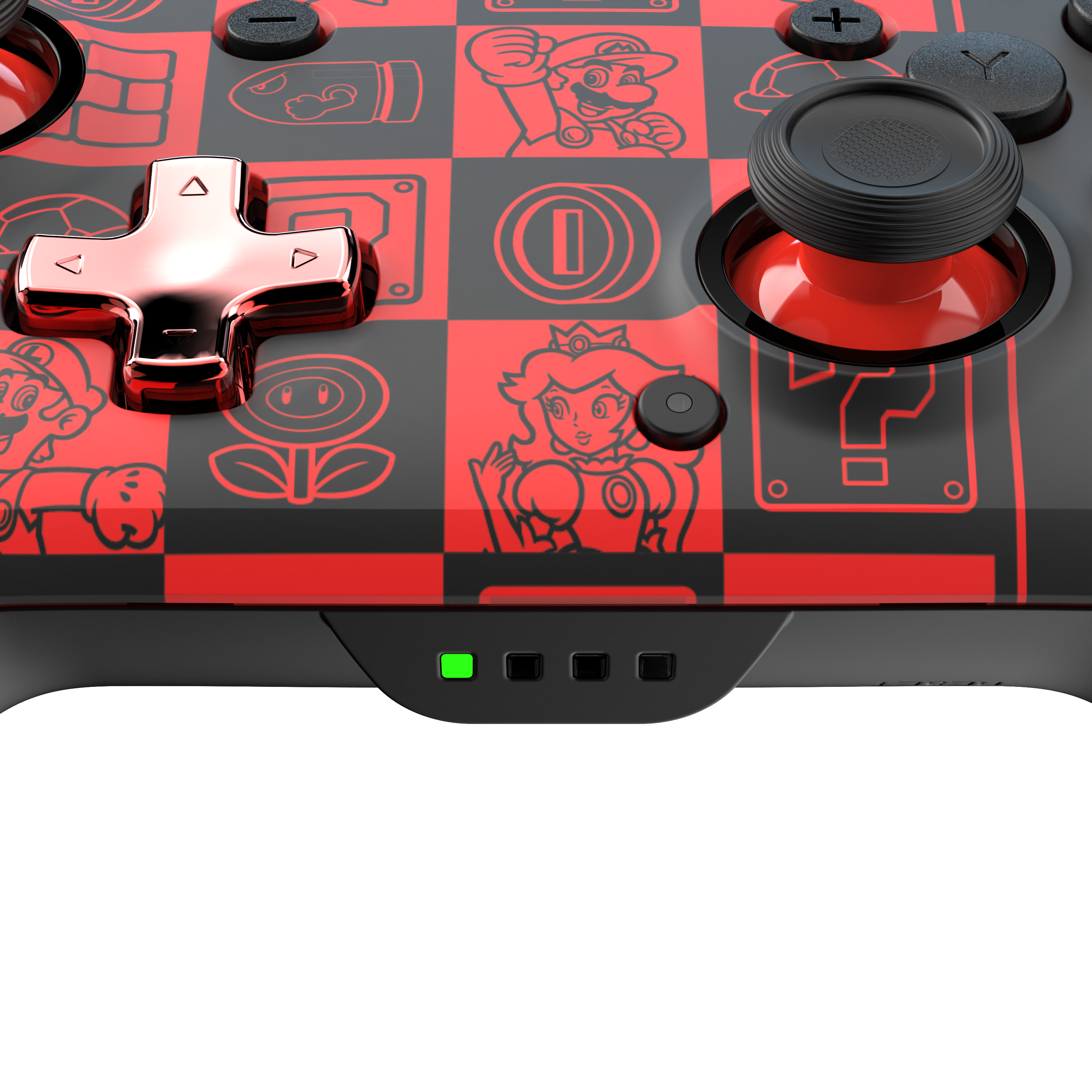 Roter und schwarzer Nintendo Switch-Controller mit Mario-Charakteren. Rotes Kreuz, Joystick und Knöpfe.