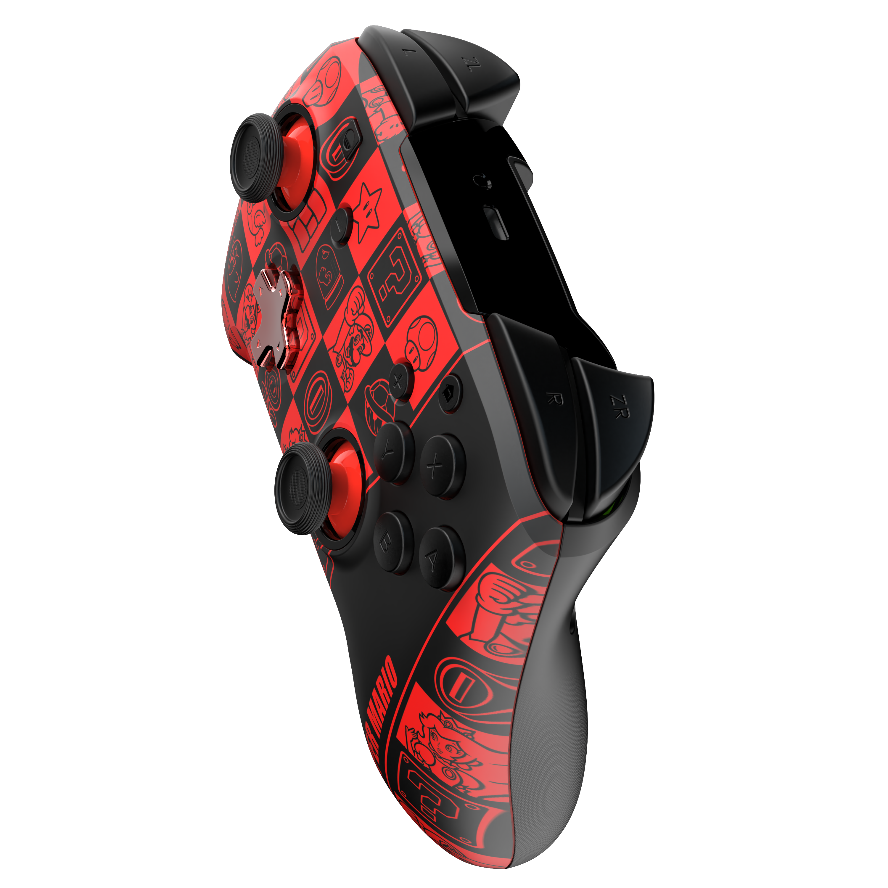 Roter und schwarzer Nintendo Switch Controller mit Mario-Designs.