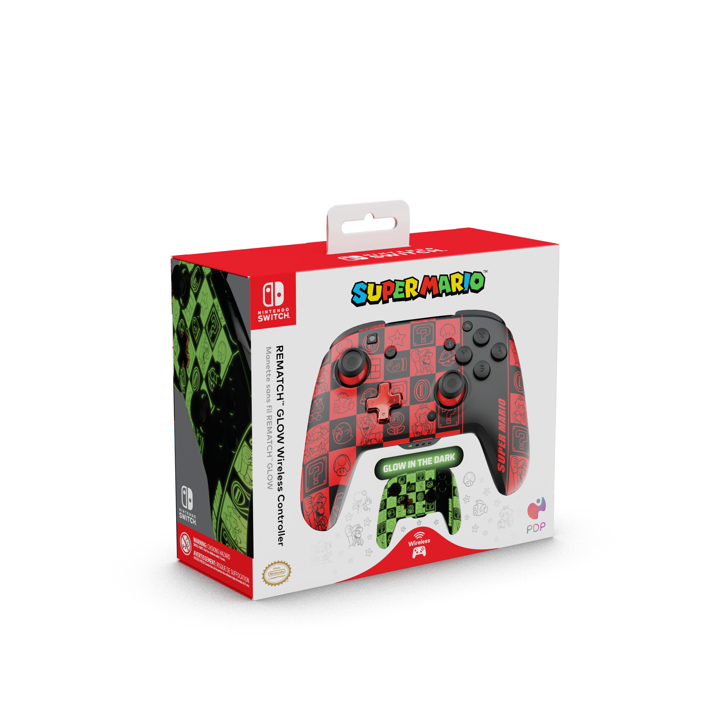 Eine Super Mario Game Controller Box. Die Box ist hauptsächlich rot und schwarz, mit einem Bild des Controllers.