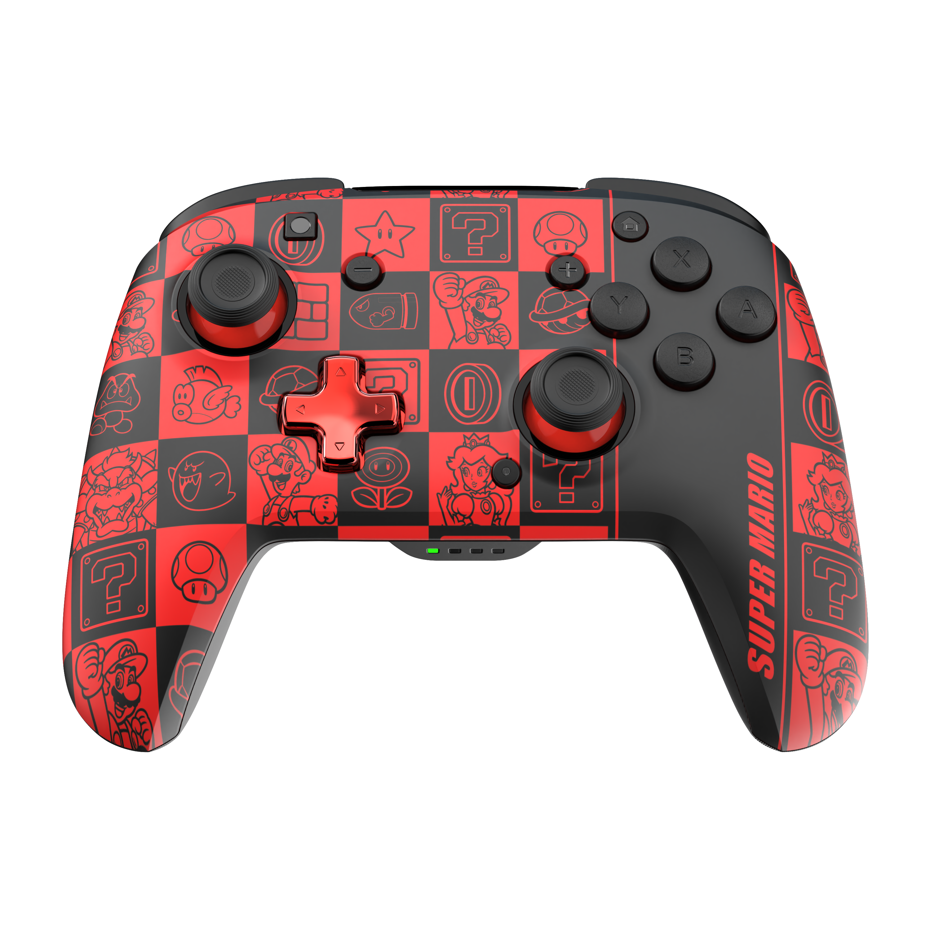 Super Mario Controller. Rotes und schwarzes Design, Mario-Charaktere, Knöpfe und D-Pad.