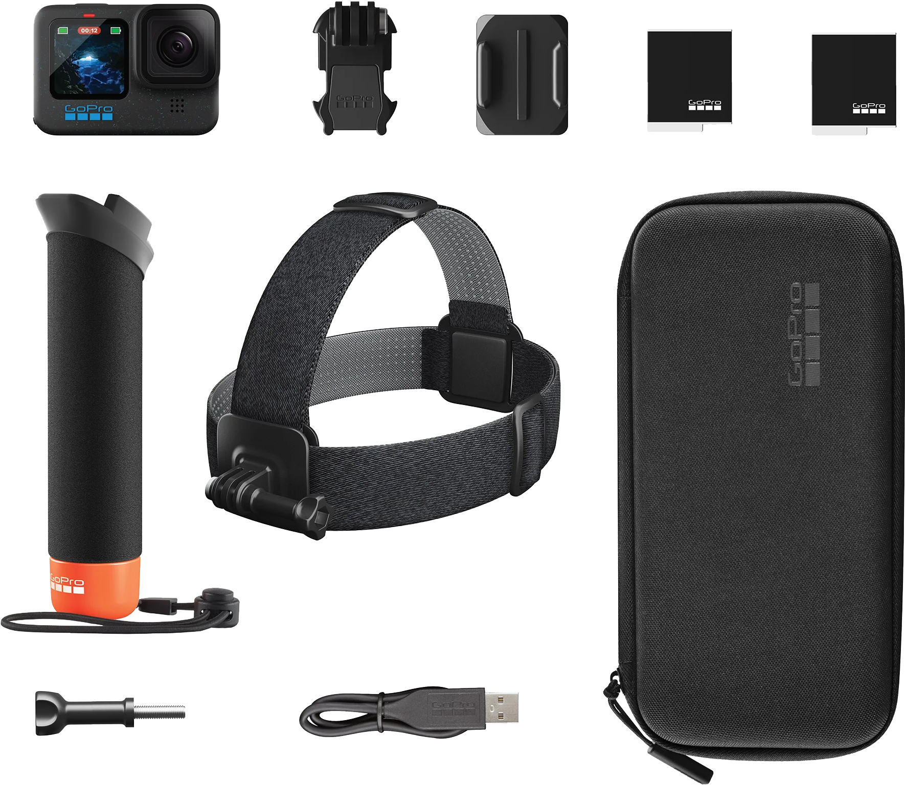 GoPro-Kamera und Zubehör, einschließlich Halterungen, Kopfband und Gehäuse.