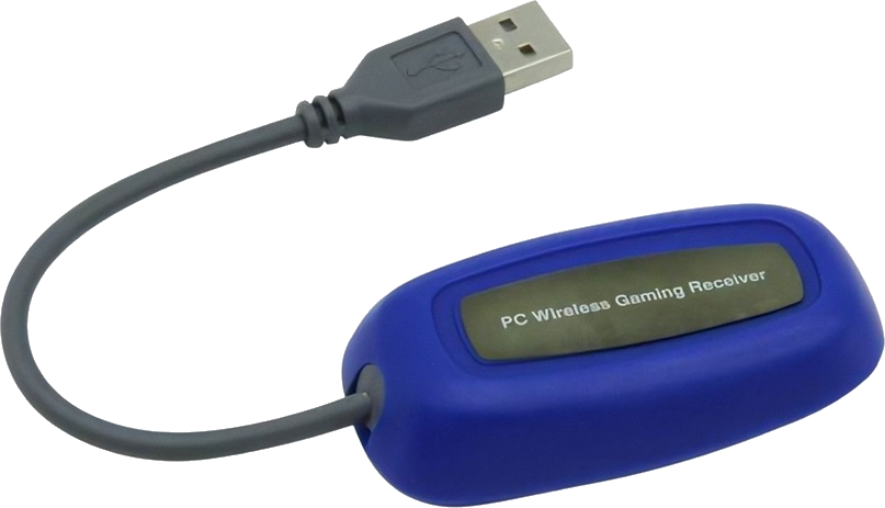 Egy kék PC-s vezeték nélküli játékkonzol vevőegysége szürke kábellel és USB csatlakozóval.