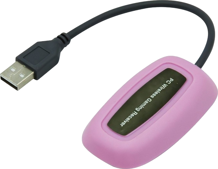 Rózsaszín PC vezeték nélküli gaming vevő fekete USB csatlakozóval.