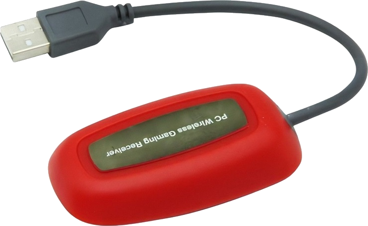 Piros PC vezeték nélküli játékvevő USB csatlakozóval és fekete kábellel átlátszó háttéren.
