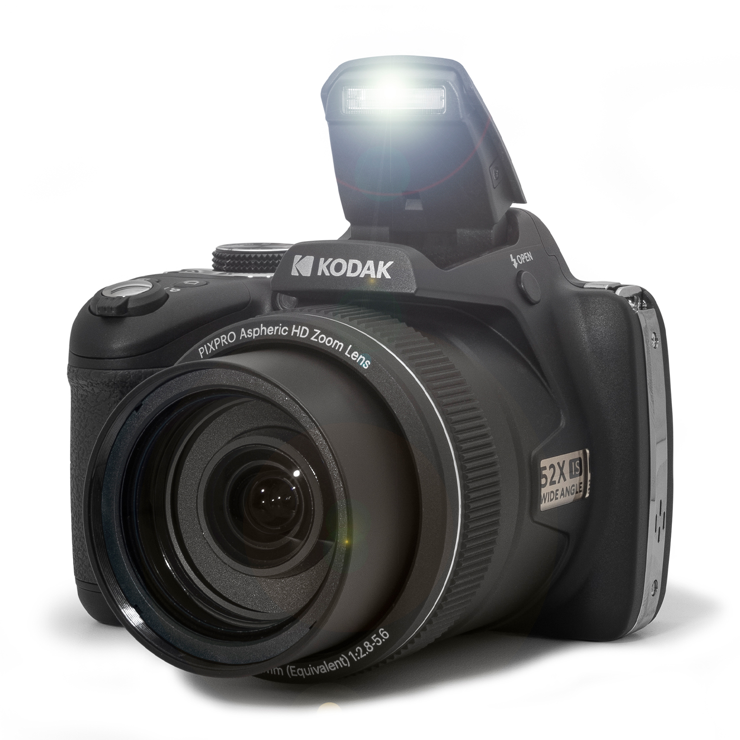 Fotocamera Kodak nera con flash a scomparsa e obiettivo zoom, flash acceso.