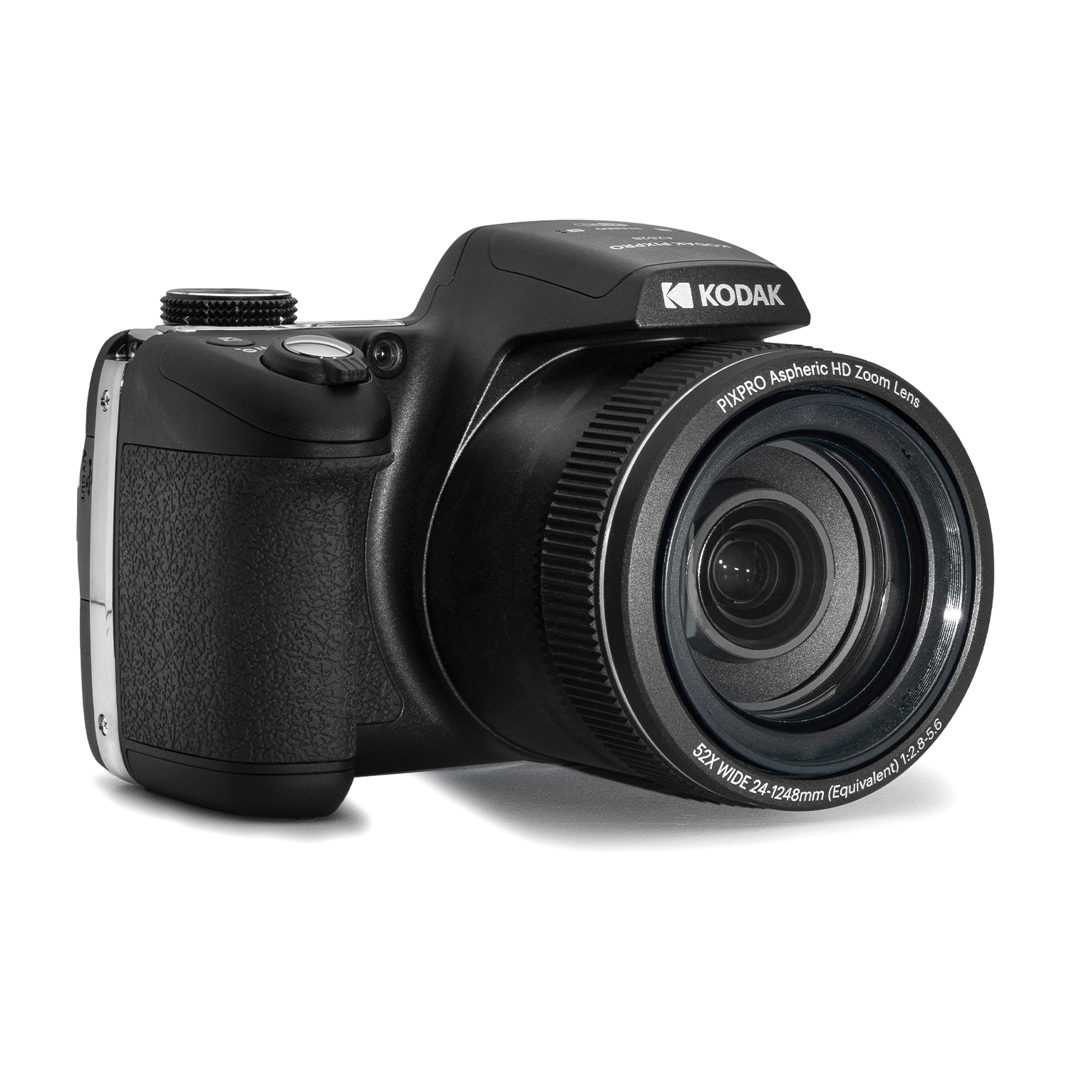 Una fotocamera Kodak Pixpro nera con obiettivo e vista laterale.