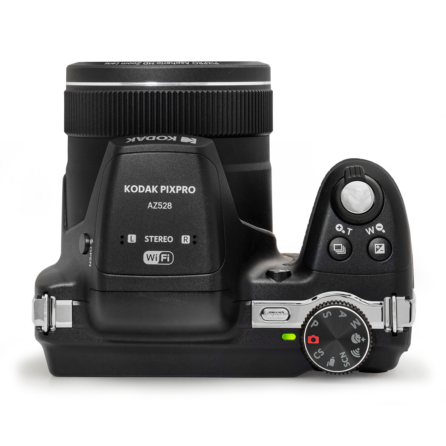 Una fotocamera Kodak Pixpro AZ528 nera. Ha un obiettivo e vari pulsanti e ghiere sulla parte superiore.