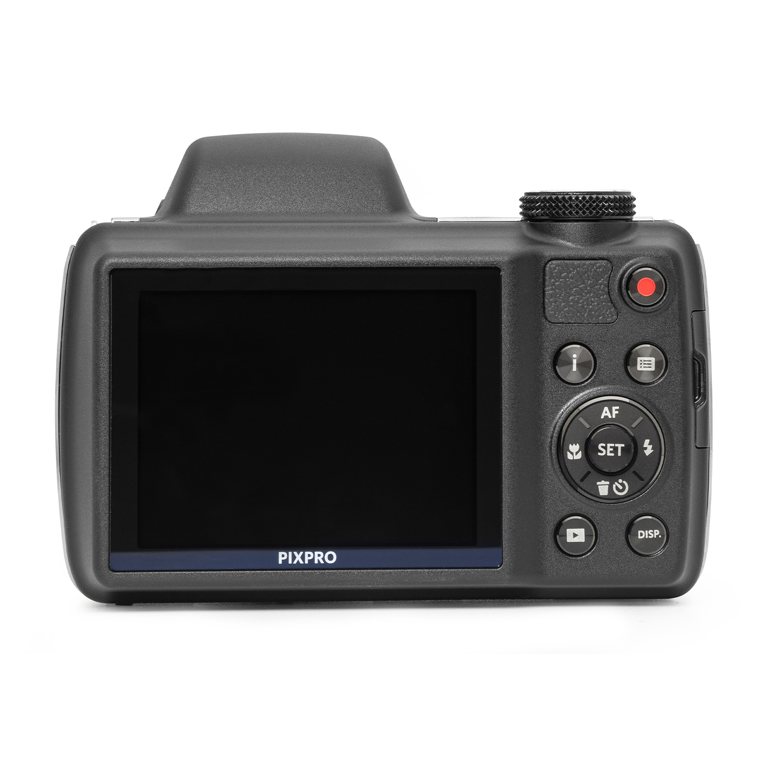 Retro di una fotocamera nera con schermo e pulsanti di controllo.