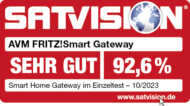 Rotes Rechteck mit Text: SATVISION, AVM FRITZ!Smart Gateway, SEHR GUT 92,6%, Smart Home Gateway.