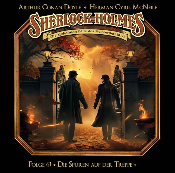 Sherlock Holmes Buchcover: Zwei Männer in Mänteln gehen auf ein Tor zu, im Hintergrund eine dunkle Burg.