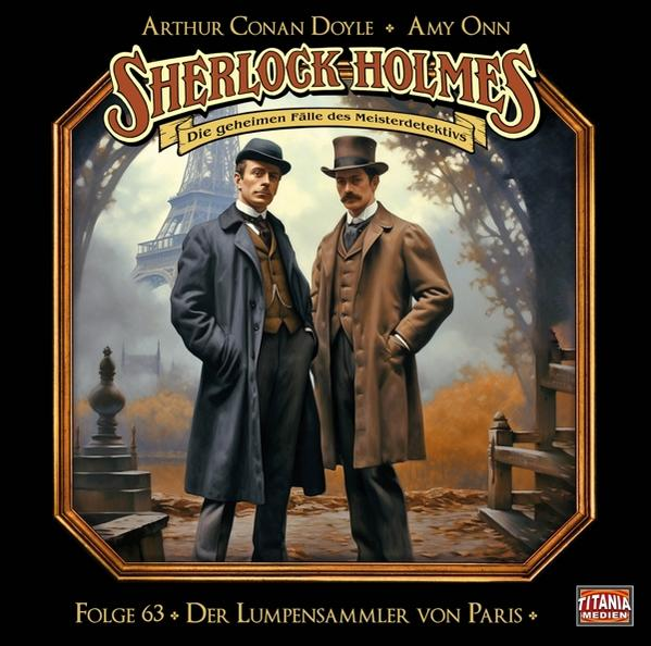Buchcover: Sherlock Holmes mit zwei Männern vor dem Eiffelturm.