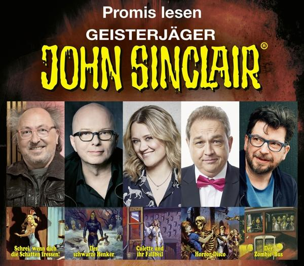 Buchcover für 'John Sinclair' mit Fotos von fünf Personen und Illustrationen von Monstern und einem Bus.