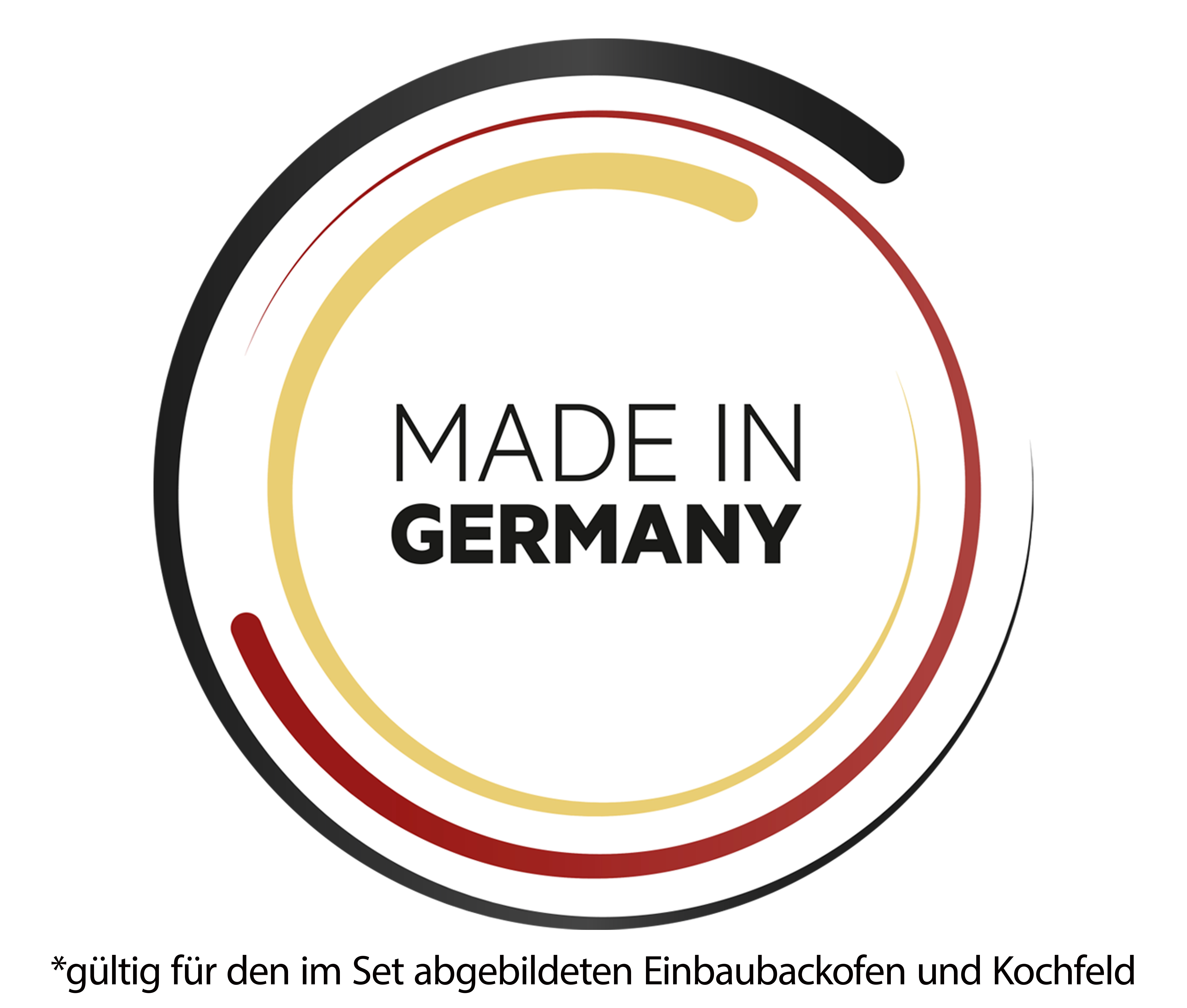 Kreisförmiges Logo mit 'MADE IN GERMANY', umgeben von schwarzen, roten und gelben Bögen.