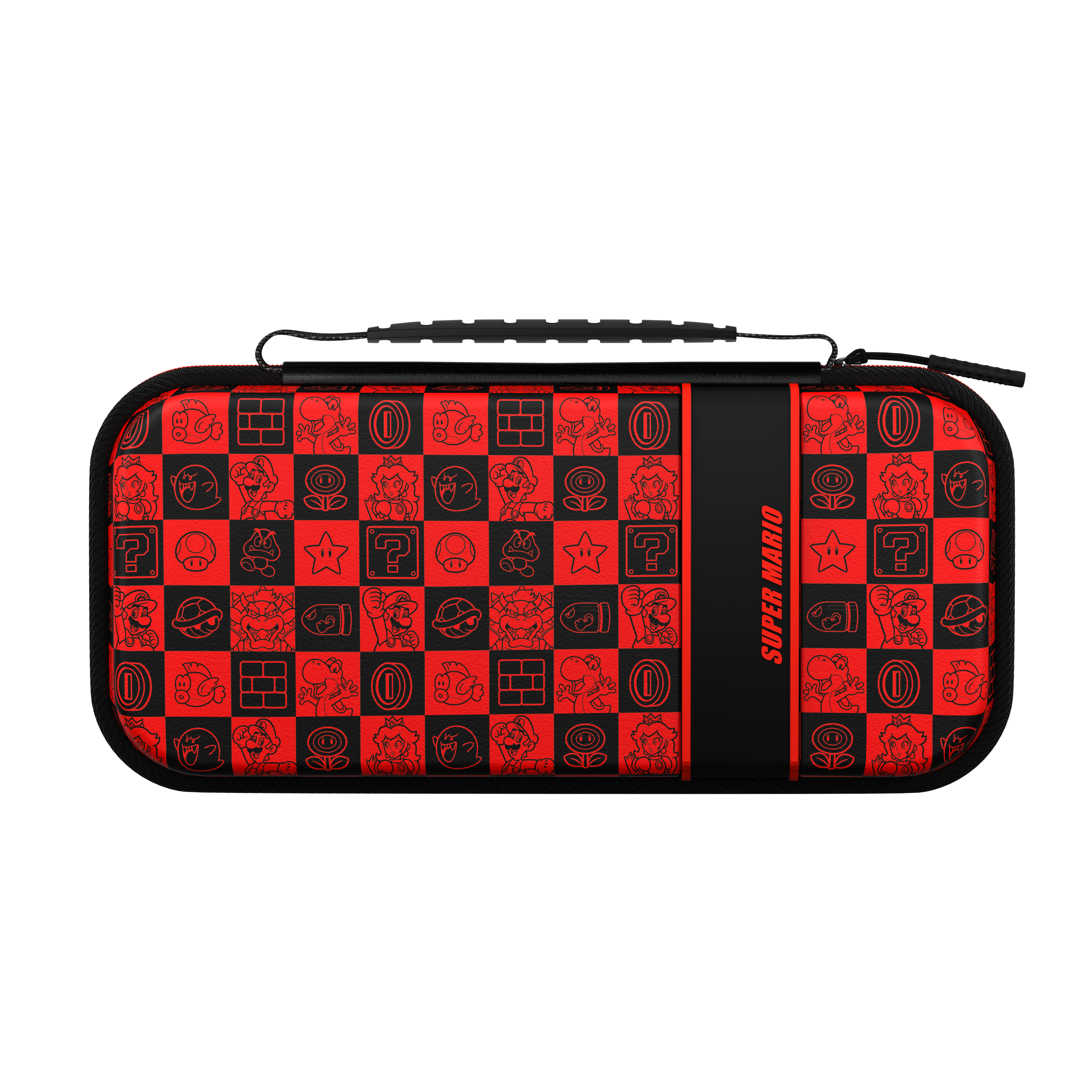 Eine rot-schwarze Super Mario Switch-Hülle mit Charaktermustern.