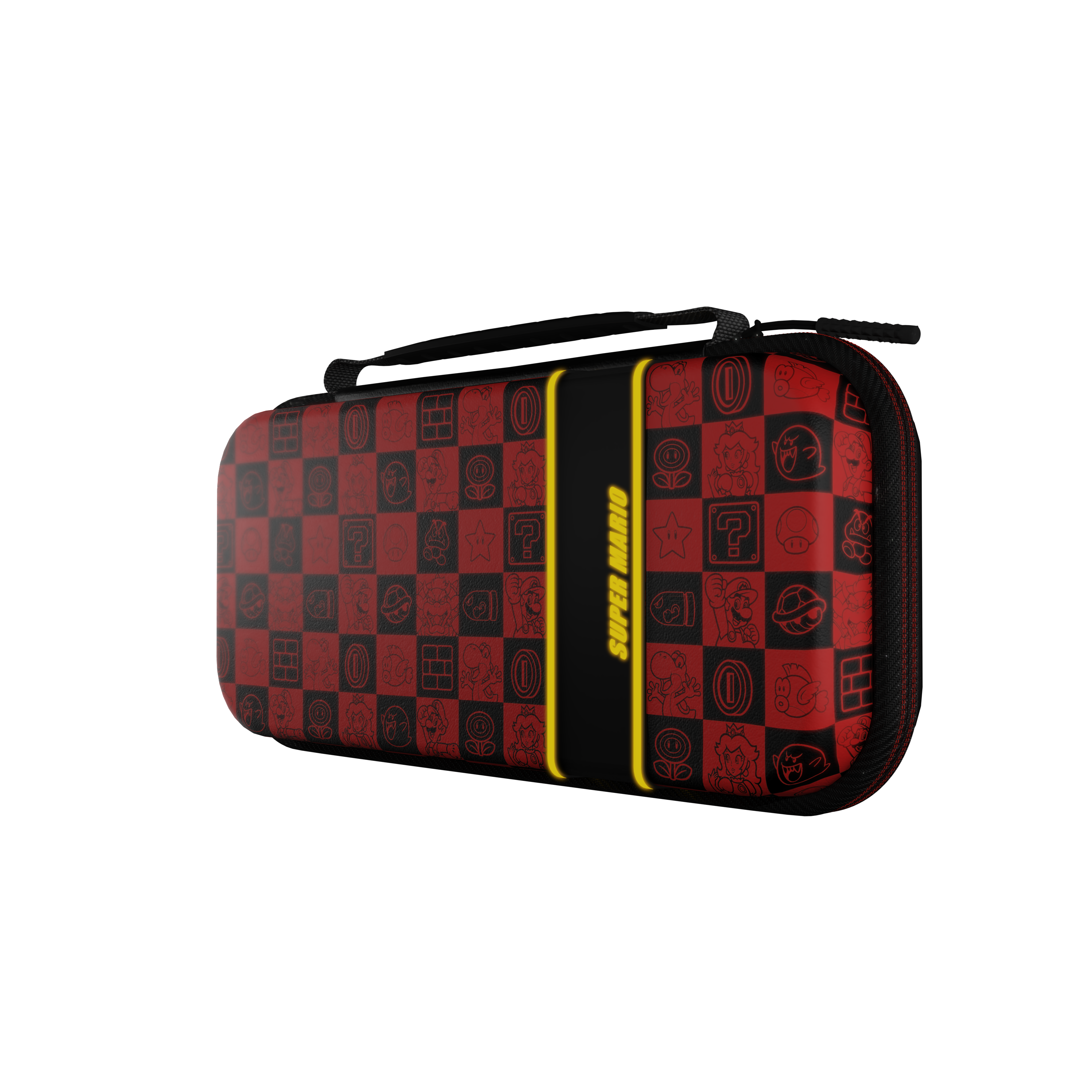 Rote und schwarze Nintendo Switch-Hülle, Super Mario-Design, schwarzer Hintergrund.