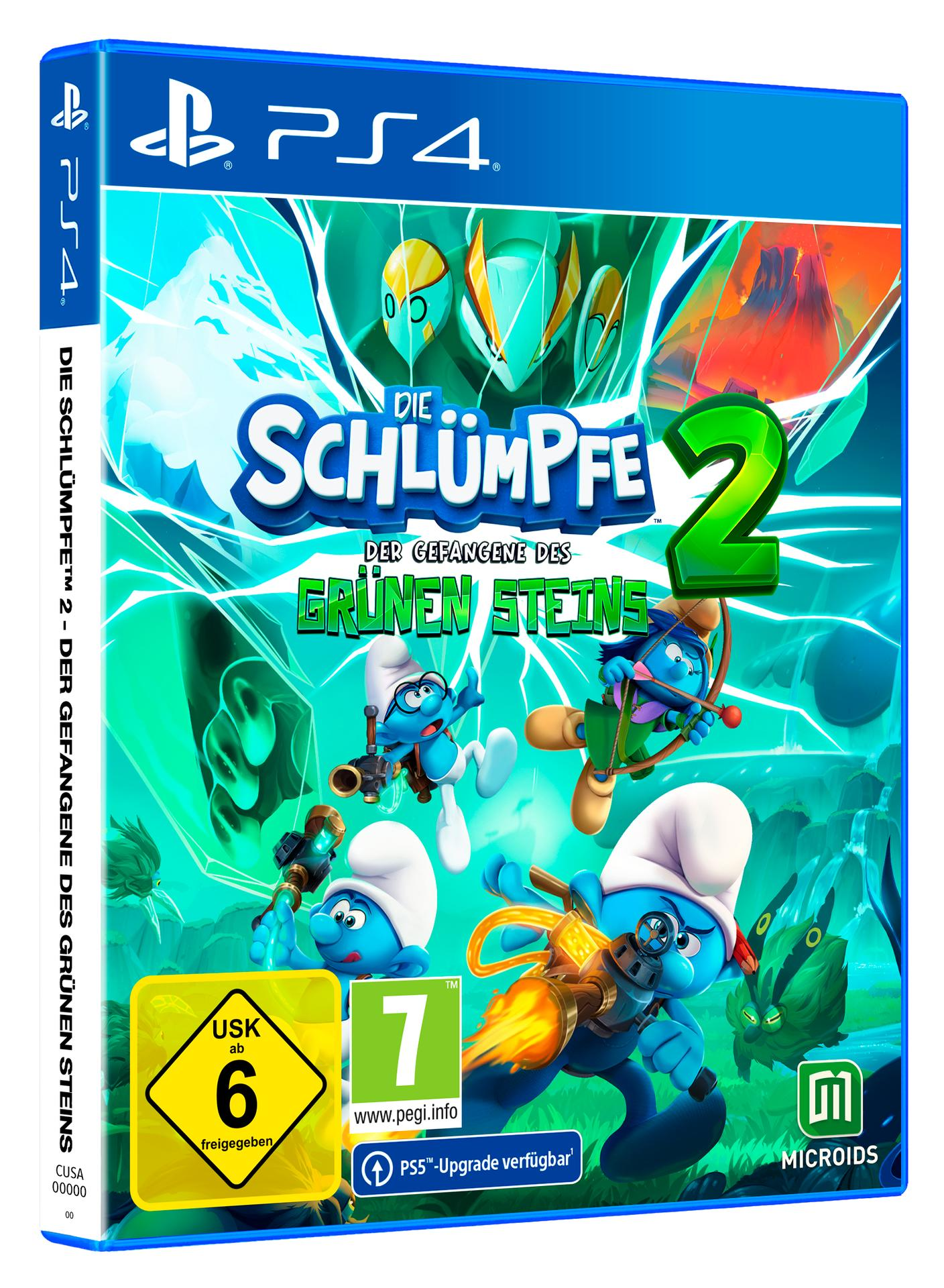 PS4-Spielcover, 'Die Schlümpfe 2: Der Gefangene des Grünen Steins', mit Schlümpfen und blauer Grafik.