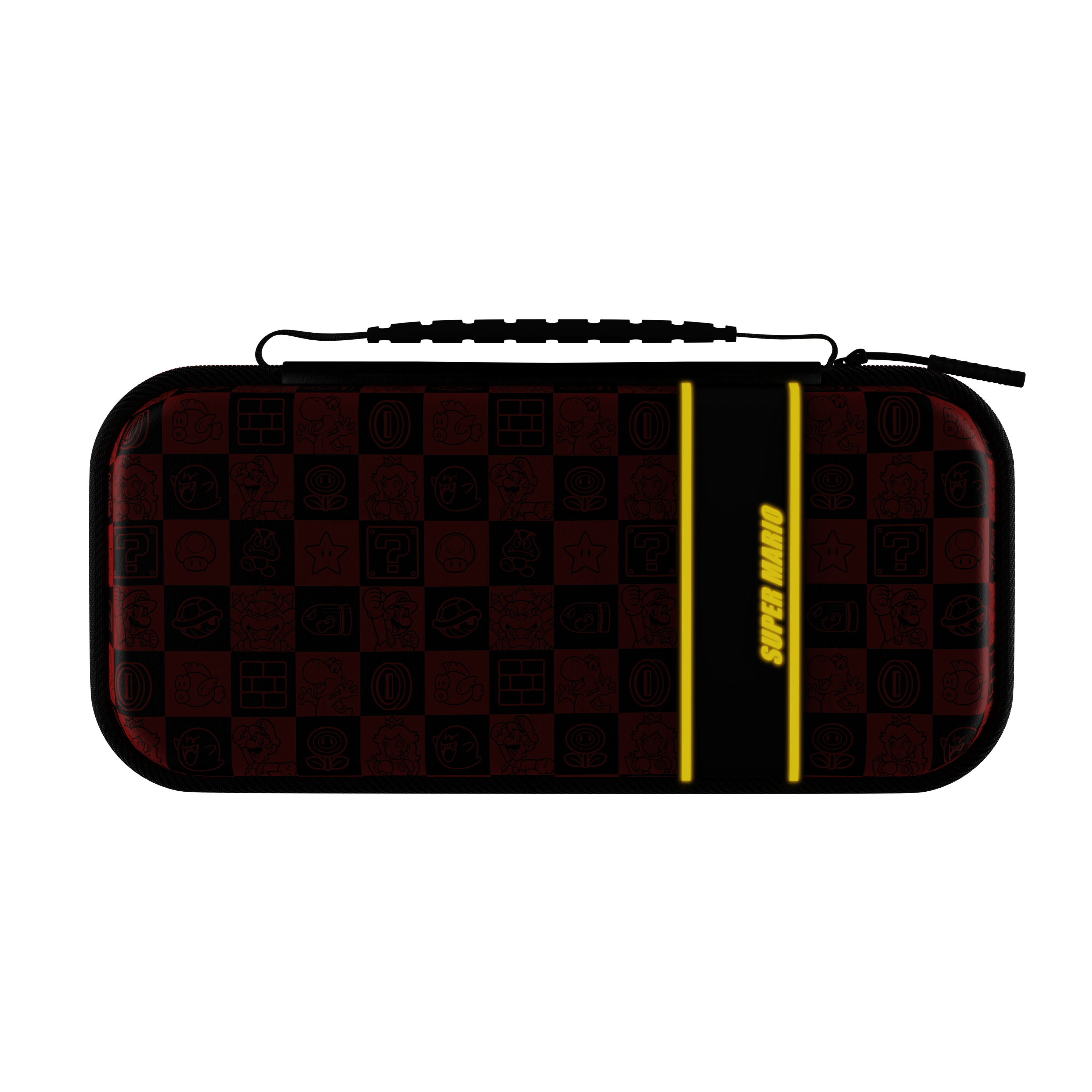 Schwarzes Case mit Super Mario-Design. Gelbe Streifen und Mario-Icons befinden sich auf dem Case.