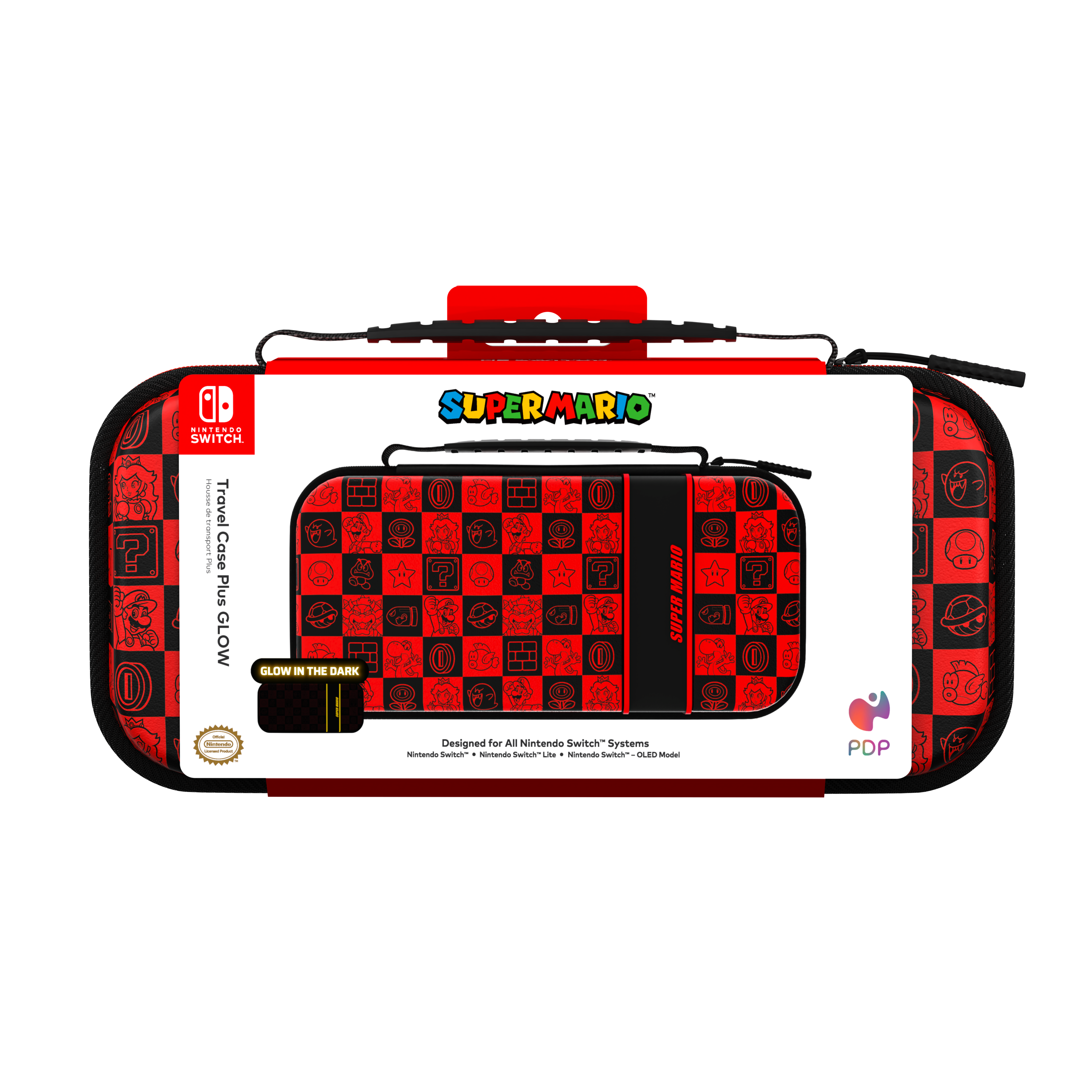 Roter und schwarzer Super Mario Switch-Koffer. Mit Mario-Grafiken und einem Tragegriff.