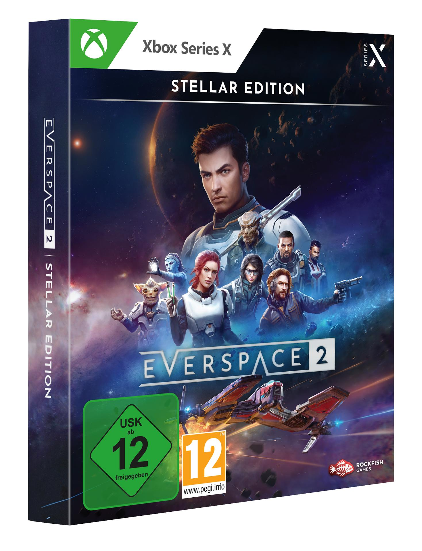 Spielbox für Everspace 2, zeigt Charaktere im Weltraum mit einem Raumschiff.