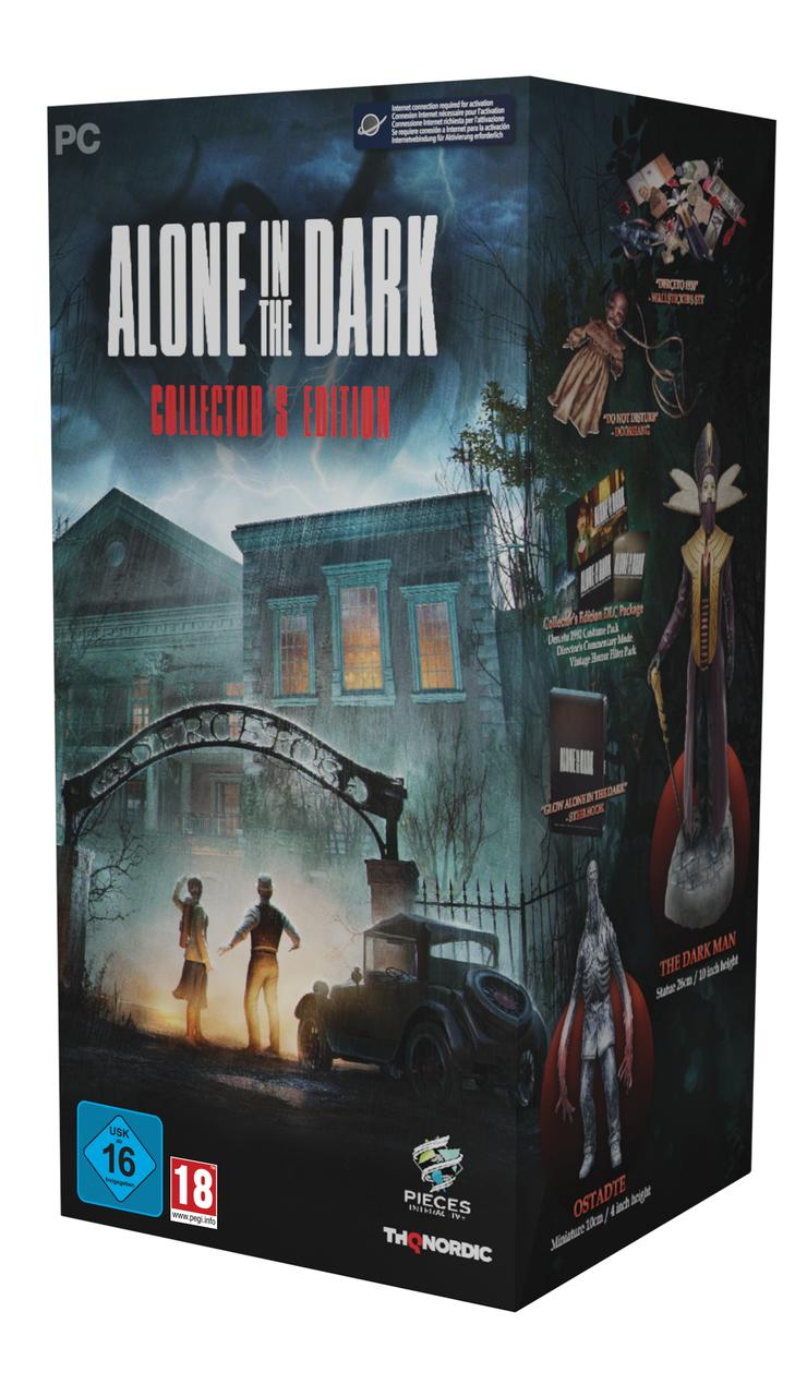 Collector's Edition-Box für das PC-Spiel Alone in the Dark, zeigt Spielkunst und Figuren.