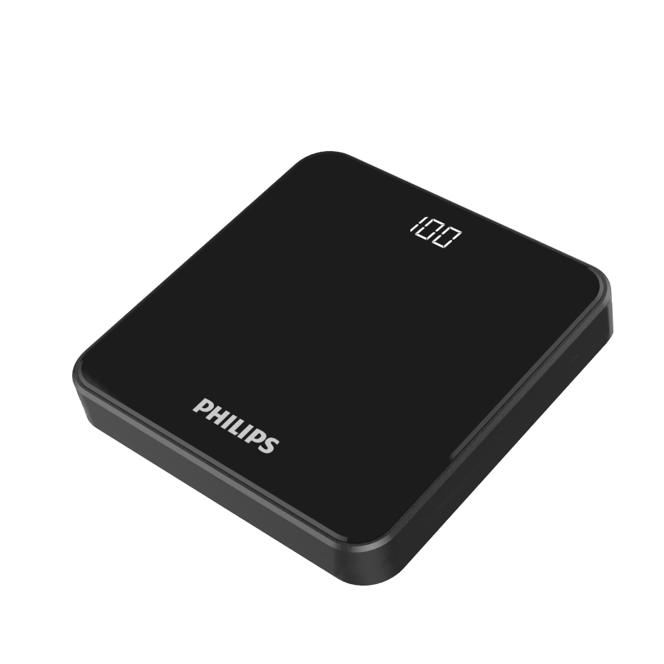 100 sayısını ve Philips marka adını gösteren siyah dijital terazi.