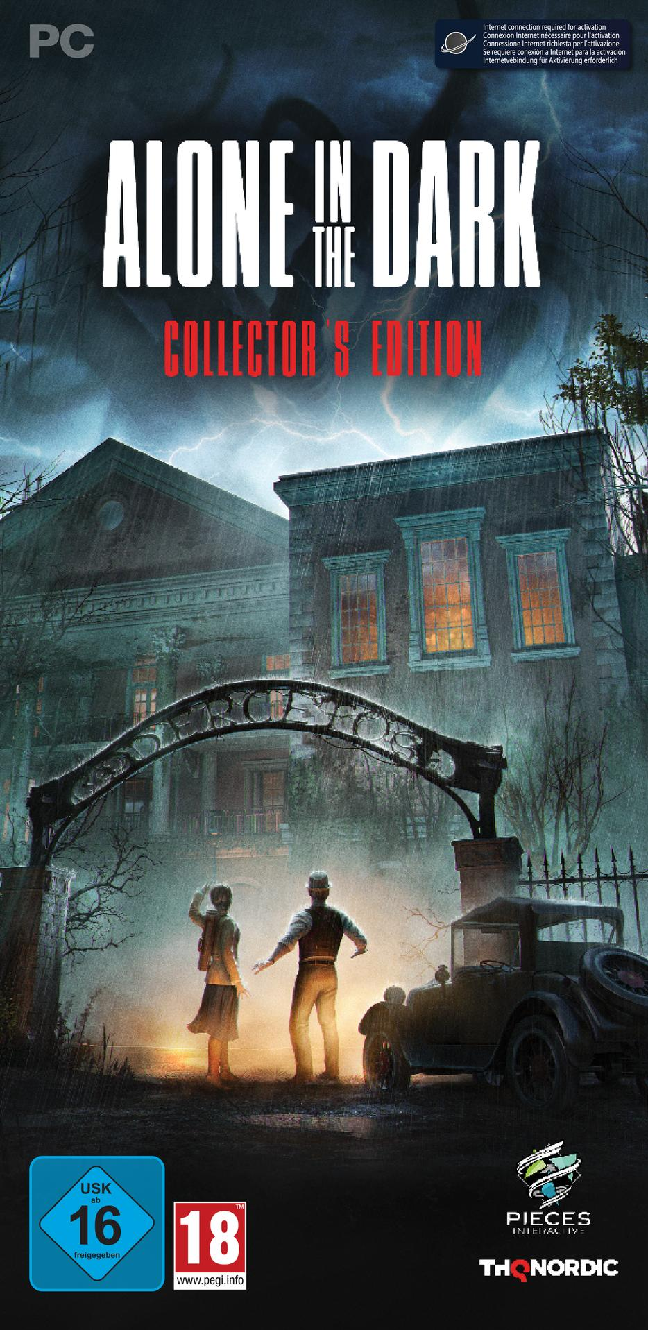 Spielcover von 'Alone in the Dark: Collector's Edition', zeigt ein Haus, ein Paar und ein Auto in düsterer Atmosphäre.