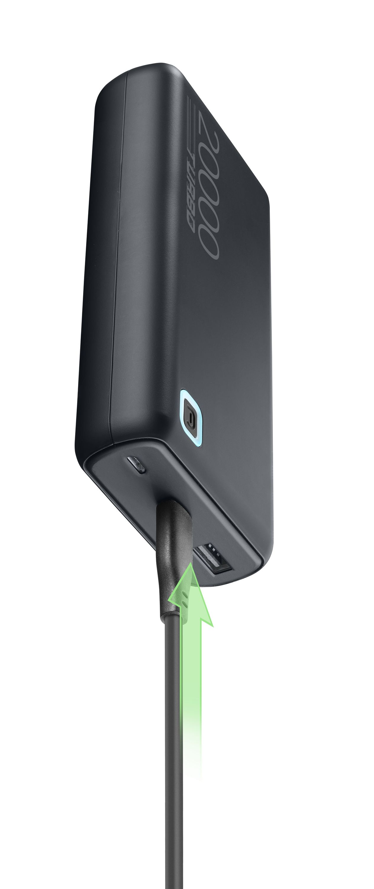 Siyah powerbank, takılı kablo, yeşil ok şarjı gösterir.