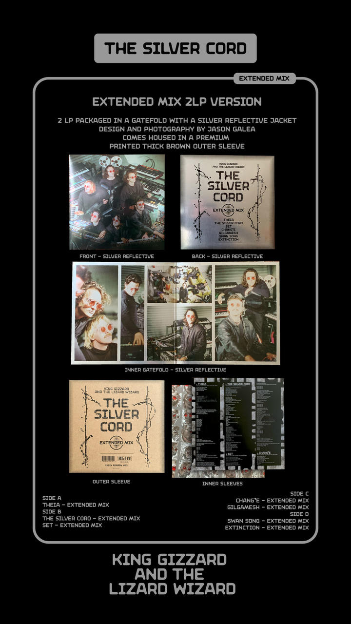 Schwarzer Hintergrund mit Produktbild eines Albumcovers mit Bandfotos und Text.