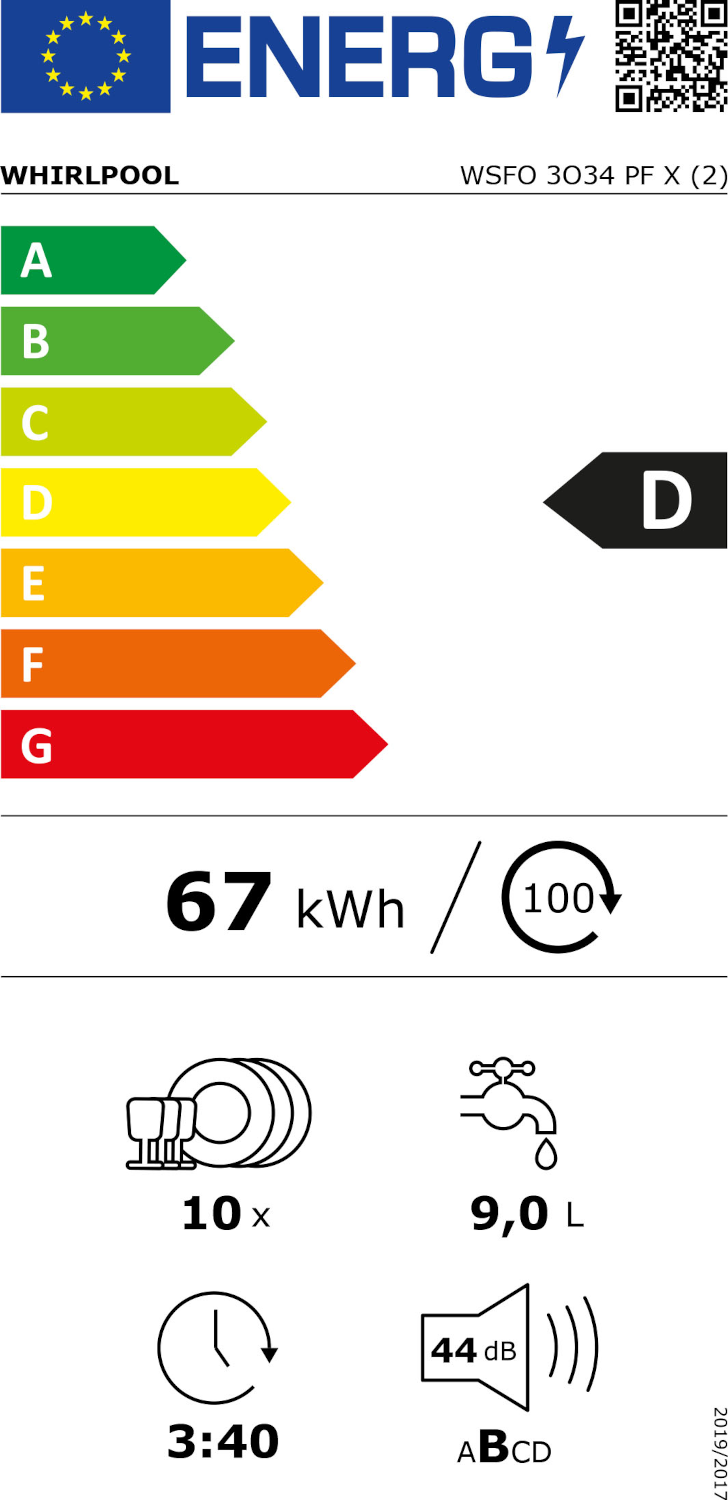 Energia címke egy Whirlpool mosógéphez, energiahatékonysági adatokkal.