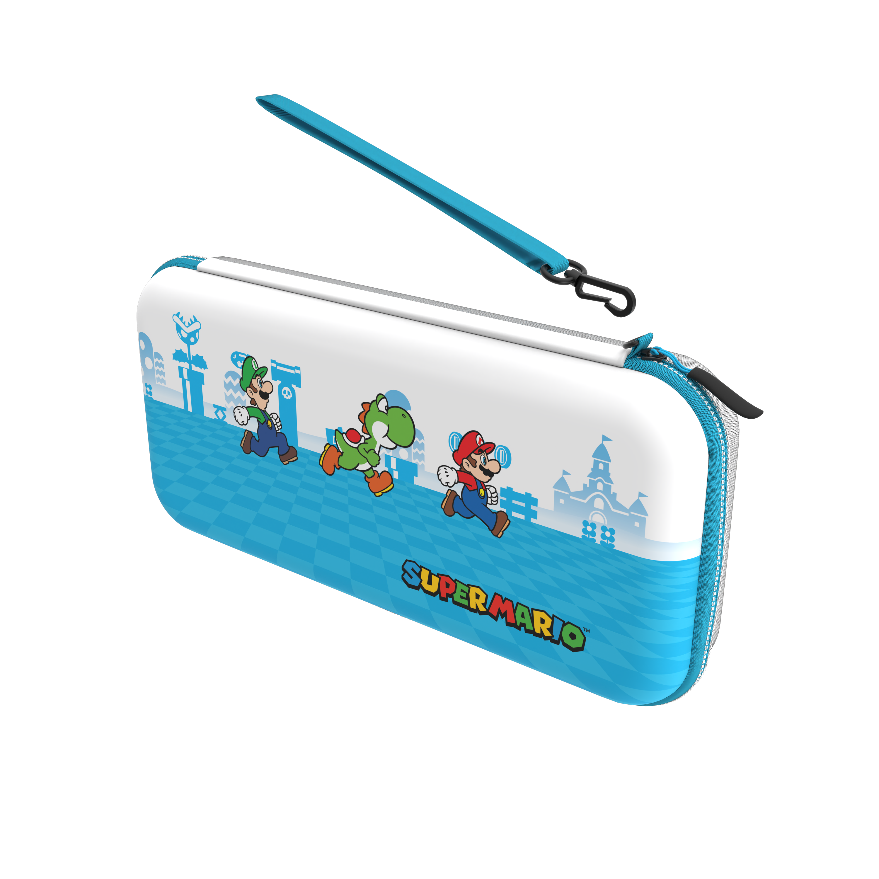 Super Mario Switch-Hülle, blau und weiß, mit Mario, Luigi und Yoshi beim Laufen.
