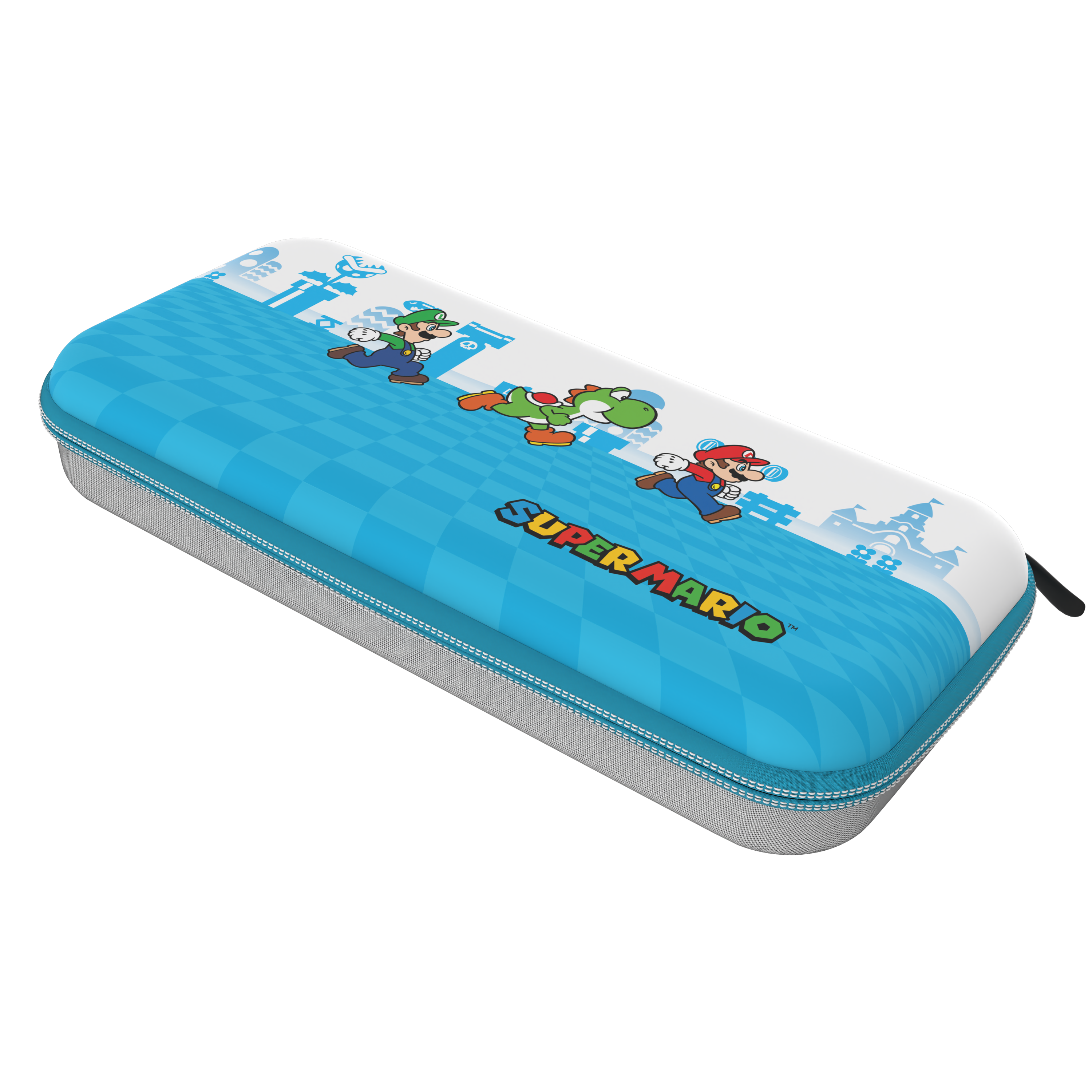 Eine blaue Super Mario Switch-Hülle mit Charakteren darauf.