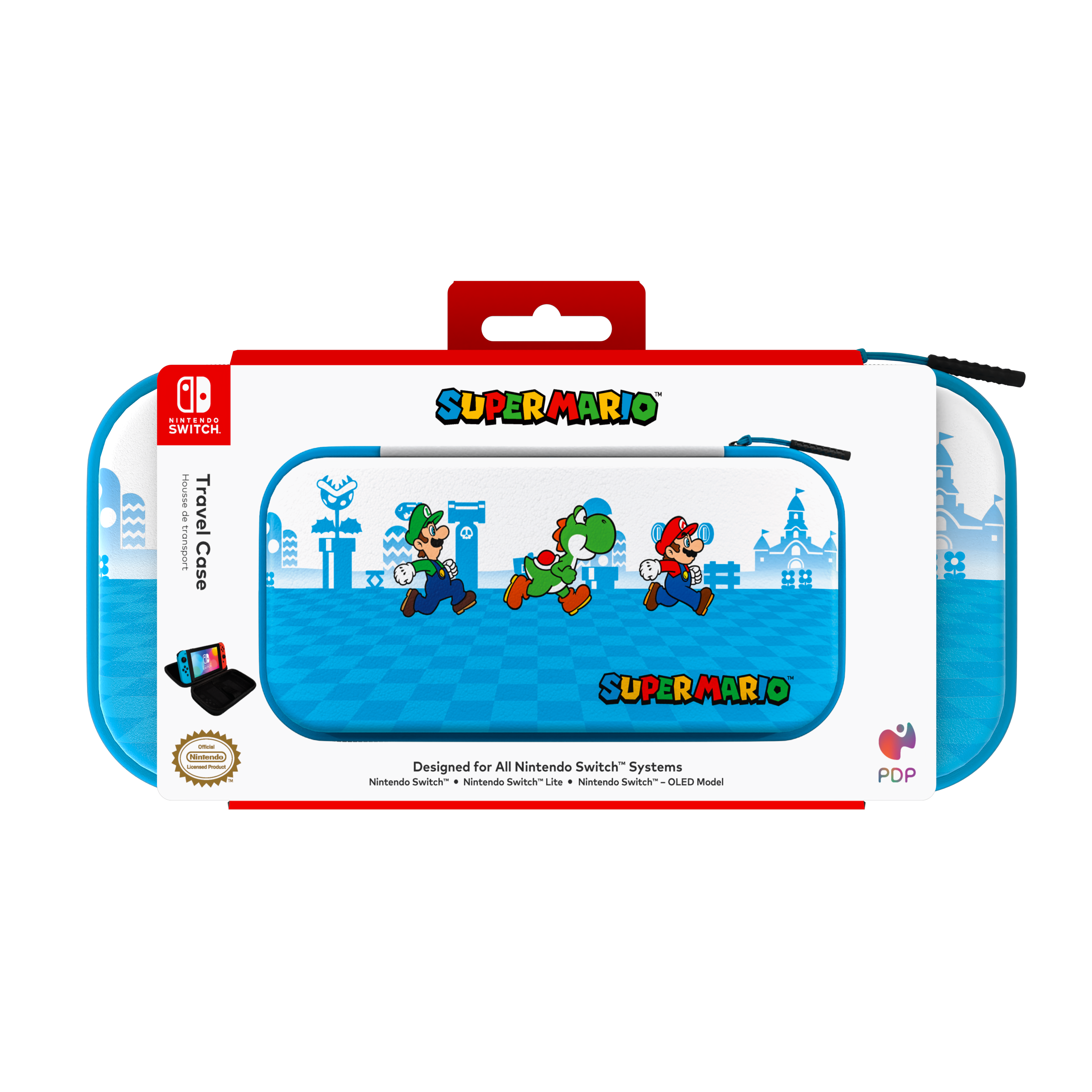 Super Mario Reiseetui für Nintendo Switch. Grafiken von Mario, Luigi, Yoshi auf Blau.