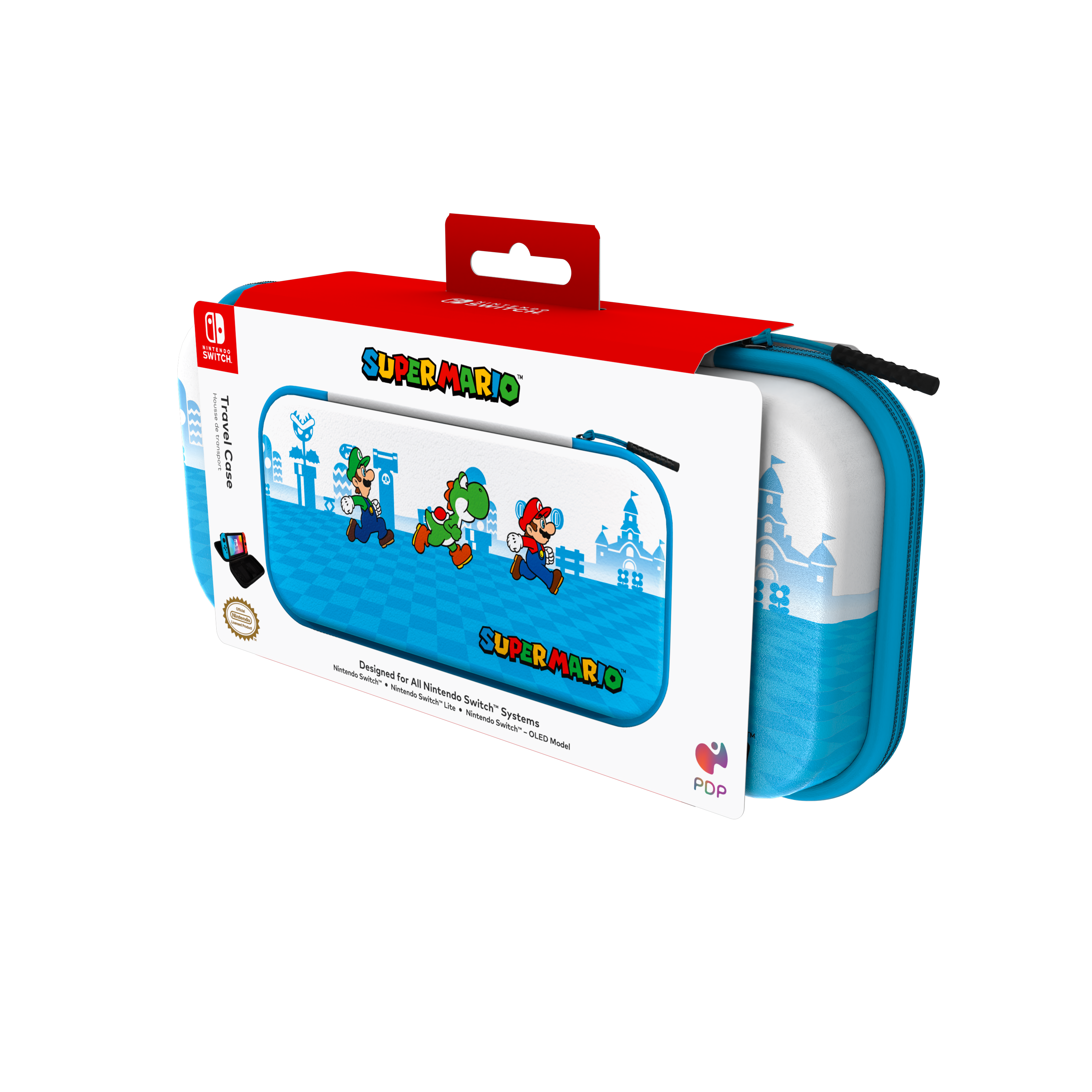 Eine Super Mario Reisetasche für Nintendo Switch, mit Mario, Luigi und Yoshi auf der Hülle.