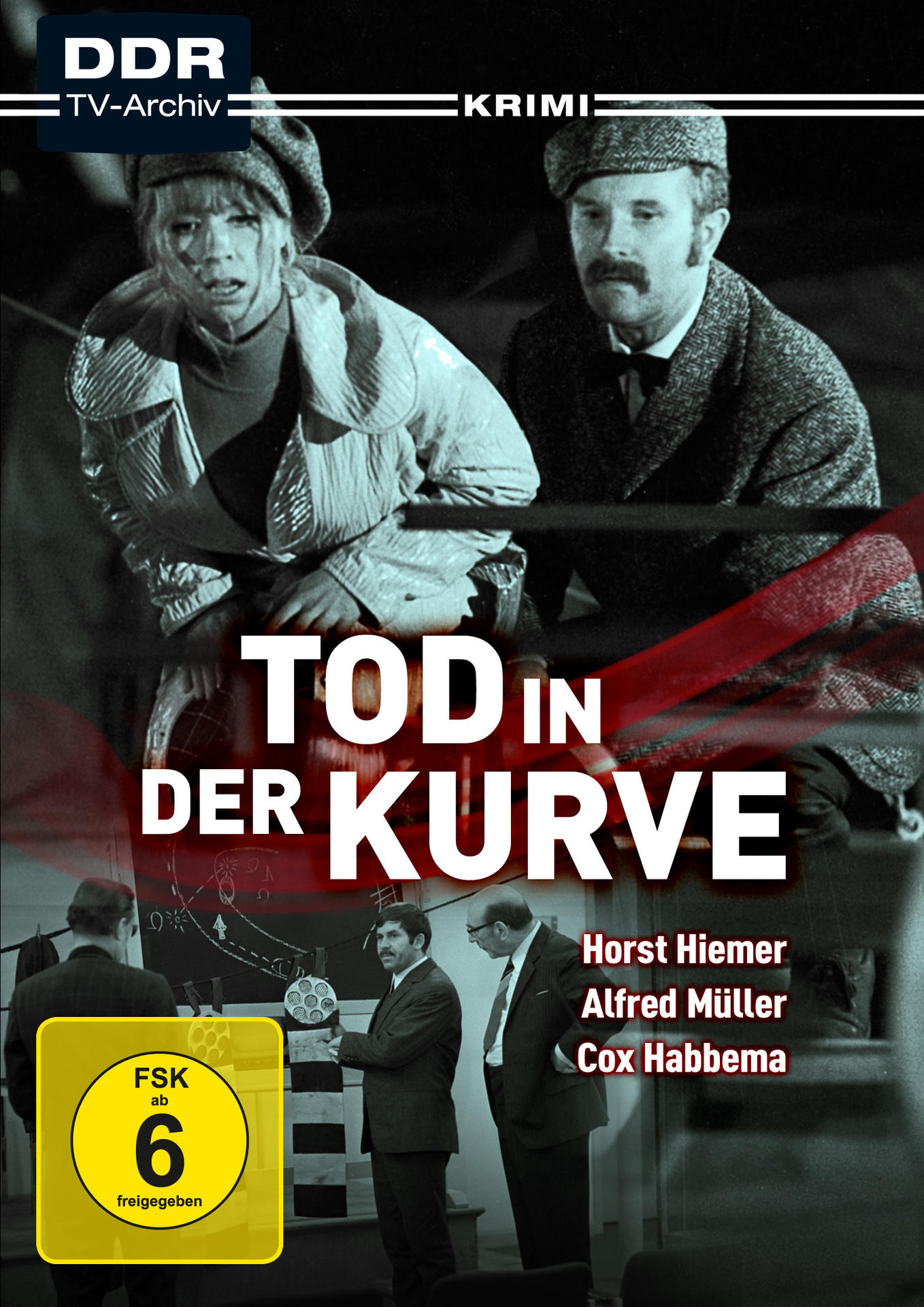 Ein Vintage-Filmplakat mit zwei Schauspielern. Der Filmtitel lautet 'TOD IN DER KURVE'.