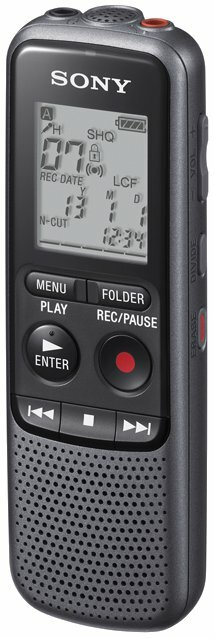 Czarny cyfrowy rejestrator głosu Sony z ekranem i różnymi przyciskami.