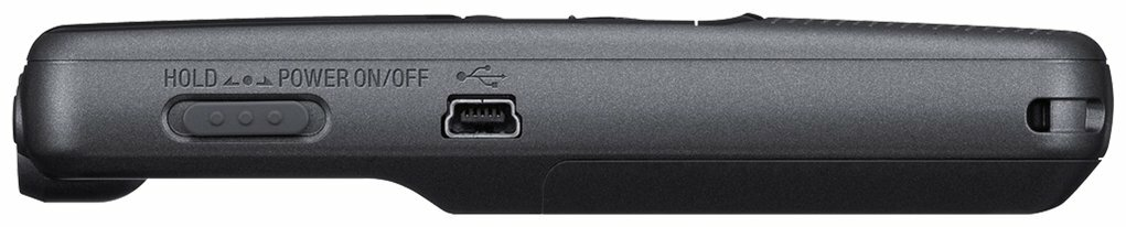 Widok z boku szarego urządzenia z przyciskami, portem USB i tekstem: HOLD, POWER ON/OFF.