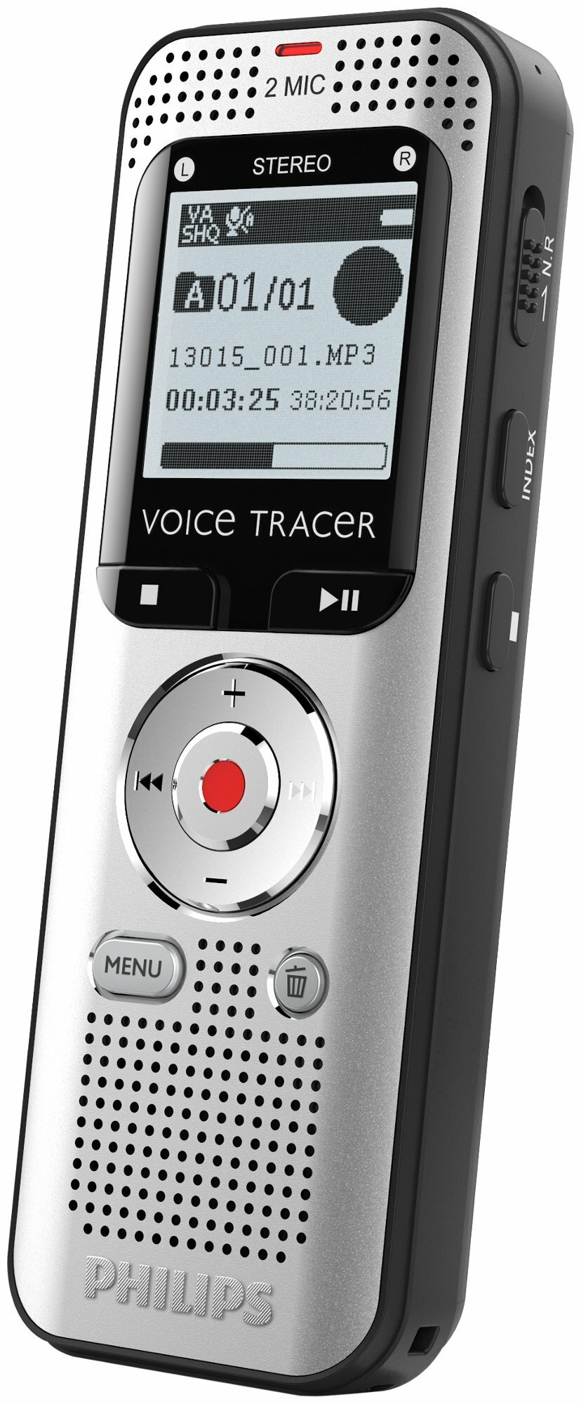 Srebrno-czarny cyfrowy dyktafon Philips Voice Tracer, wyświetlający nagranie na ekranie.