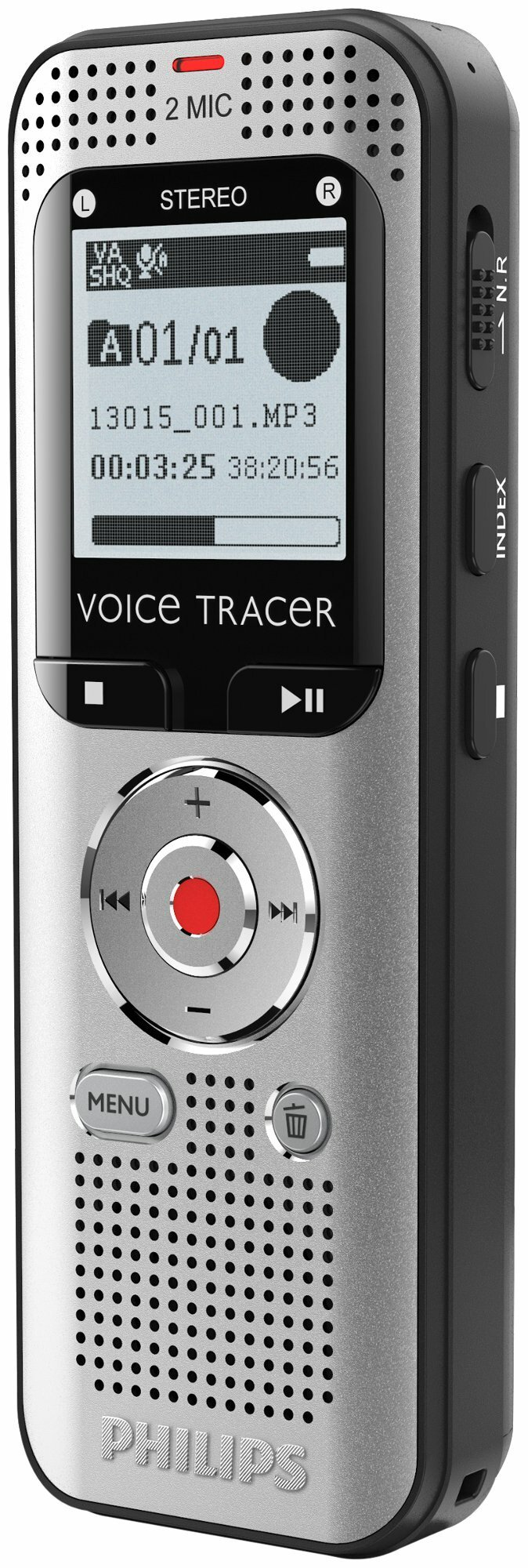 Srebrno-czarny cyfrowy rejestrator głosu Philips Voice Tracer.