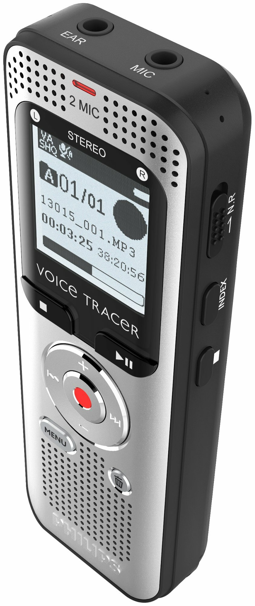 Srebrno-czarny dyktafon z ekranem i przyciskami.