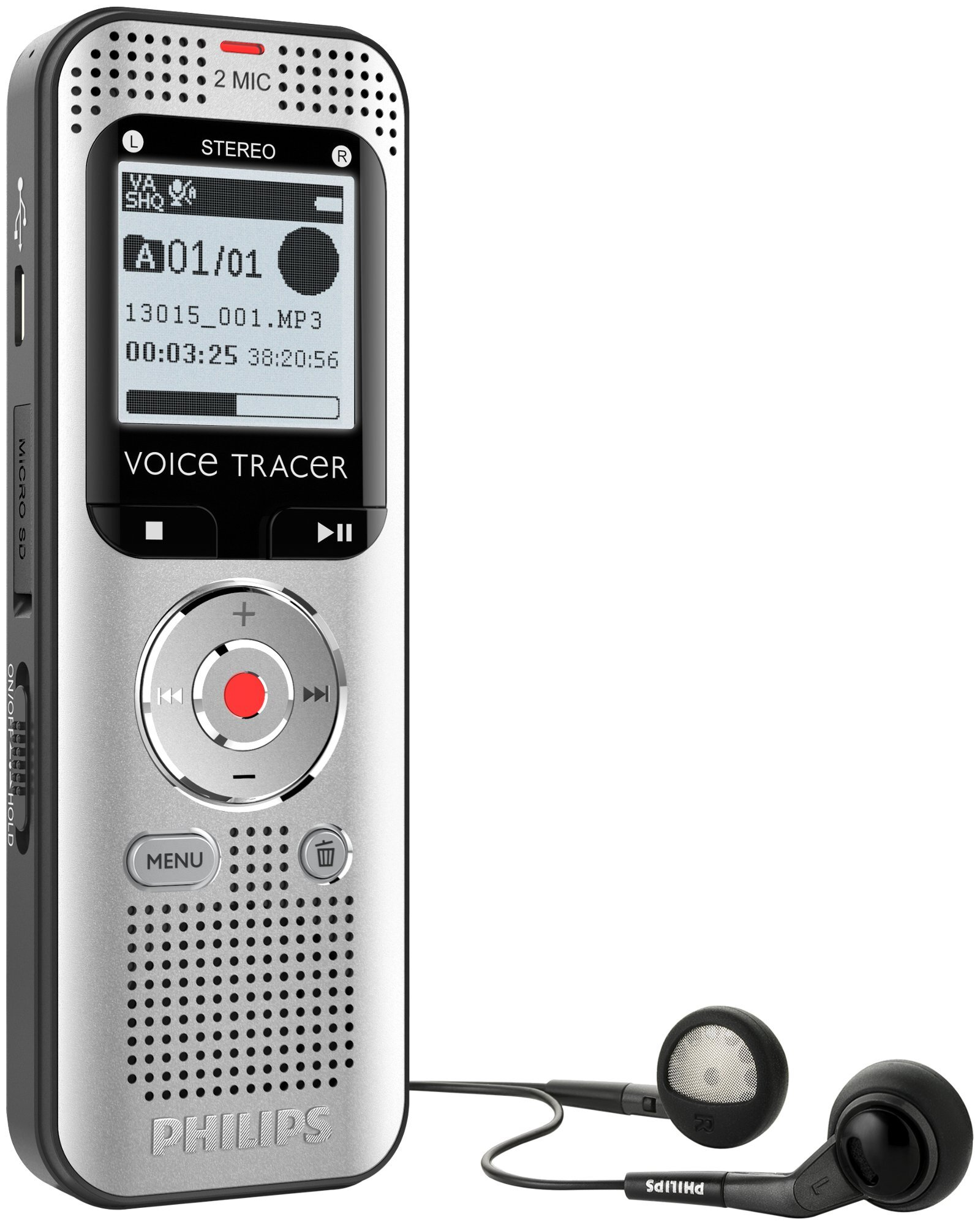 Srebrno-czarny dyktafon Philips ze słuchawkami.