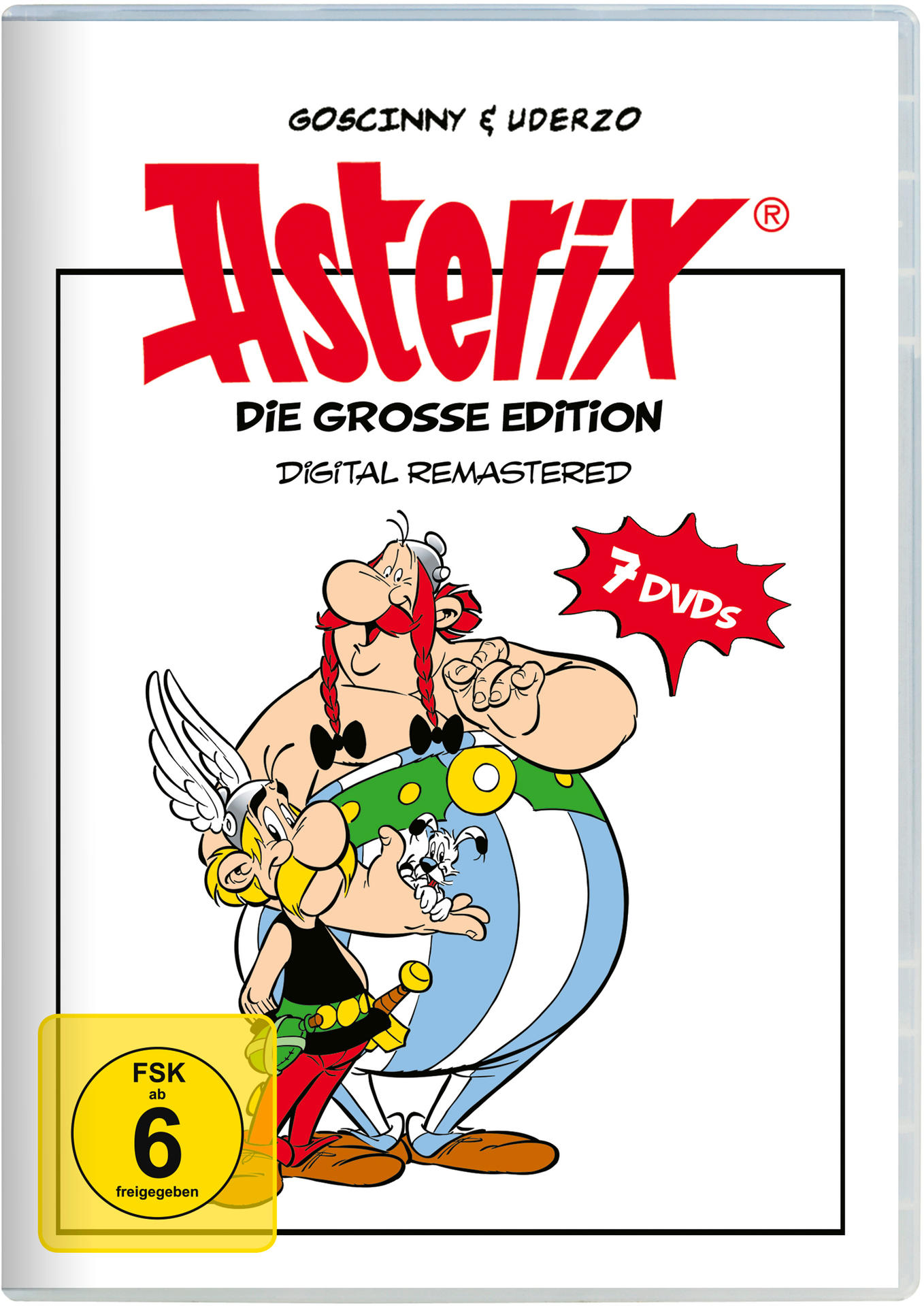 Asterix-Comic-Cover. Mit Asterix, Obelix und Idefix. Titel: Die Grosse Edition. 7 DVDs werden gezeigt.