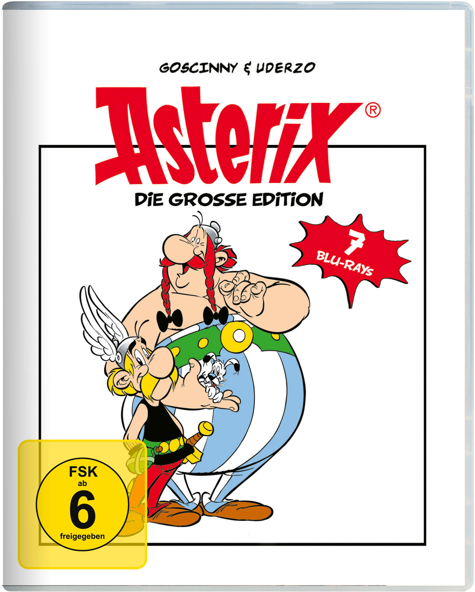 Asterix DVD-Cover. Asterix und Obelix mit 7 Blu-rays. Weißer Hintergrund.