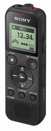 Czarny cyfrowy rejestrator głosu z przyciskami i ekranem.