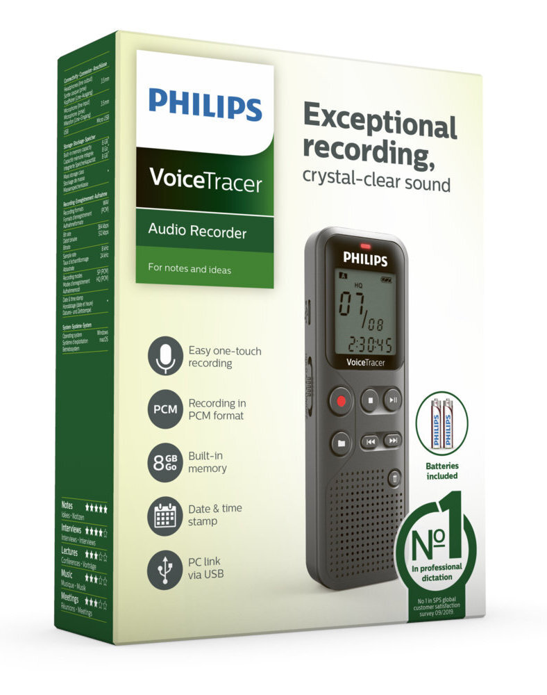 Pudełko rejestratora audio Philips VoiceTracer. Pudełko zawiera tekst i obraz rejestratora.